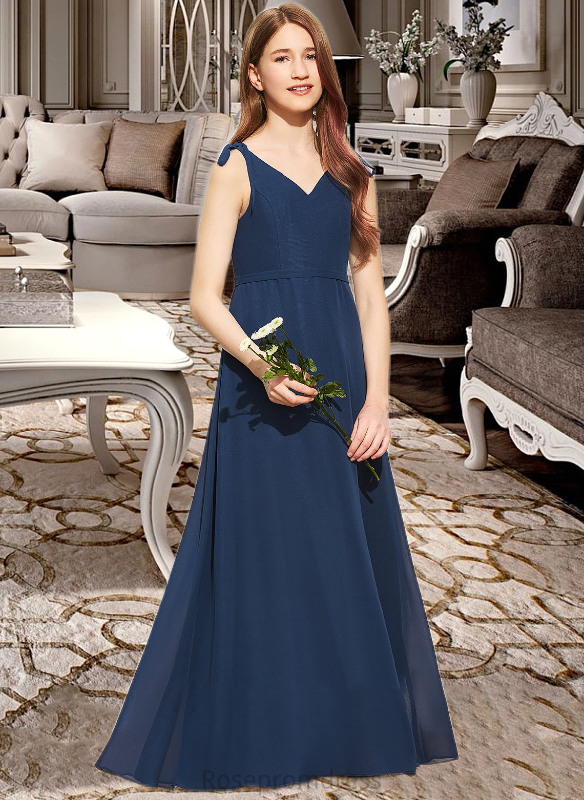 Ina A-Line V-neck Floor-Length Chiffon Junior Bridesmaid Dress With Bow(s) SRSP0013548