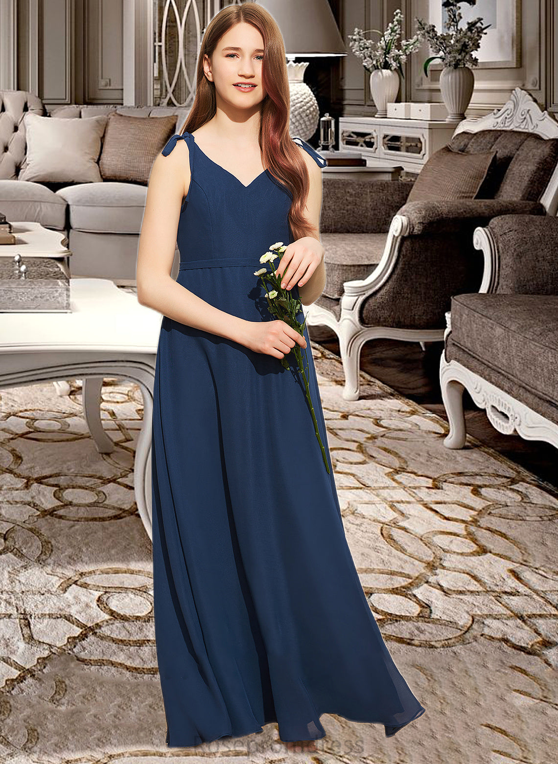 Ina A-Line V-neck Floor-Length Chiffon Junior Bridesmaid Dress With Bow(s) SRSP0013548