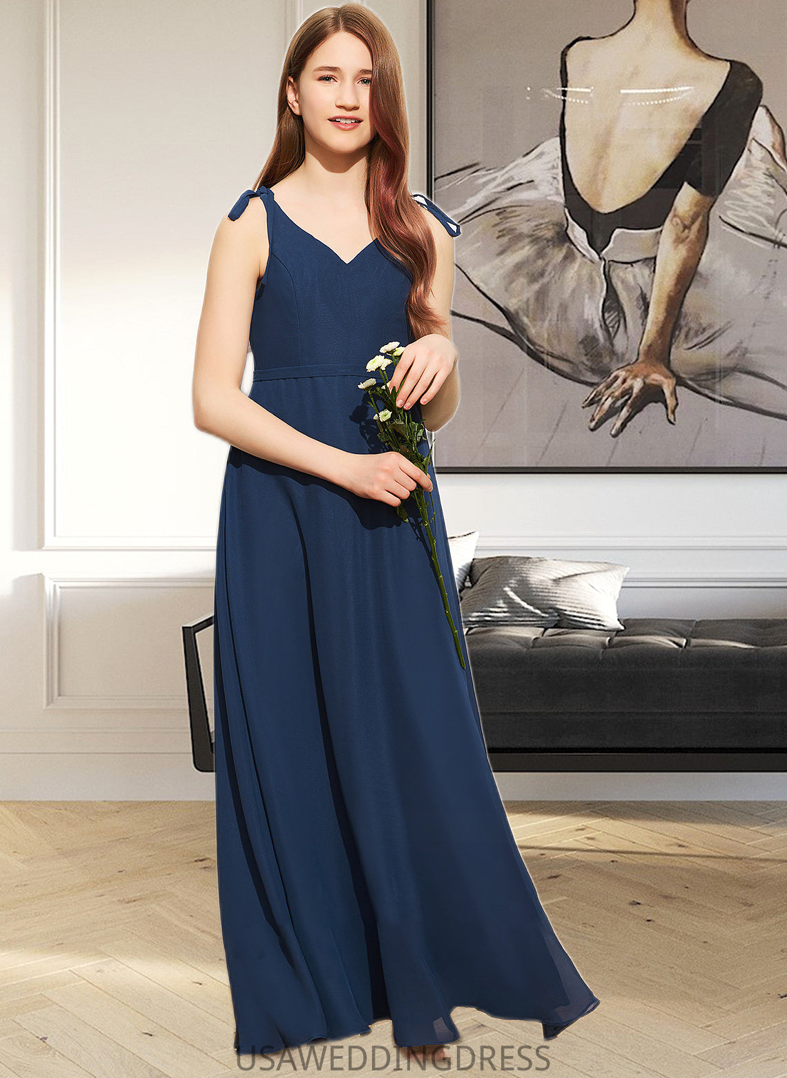 Jamiya A-Line V-neck Floor-Length Chiffon Junior Bridesmaid Dress With Bow(s) DSP0013548