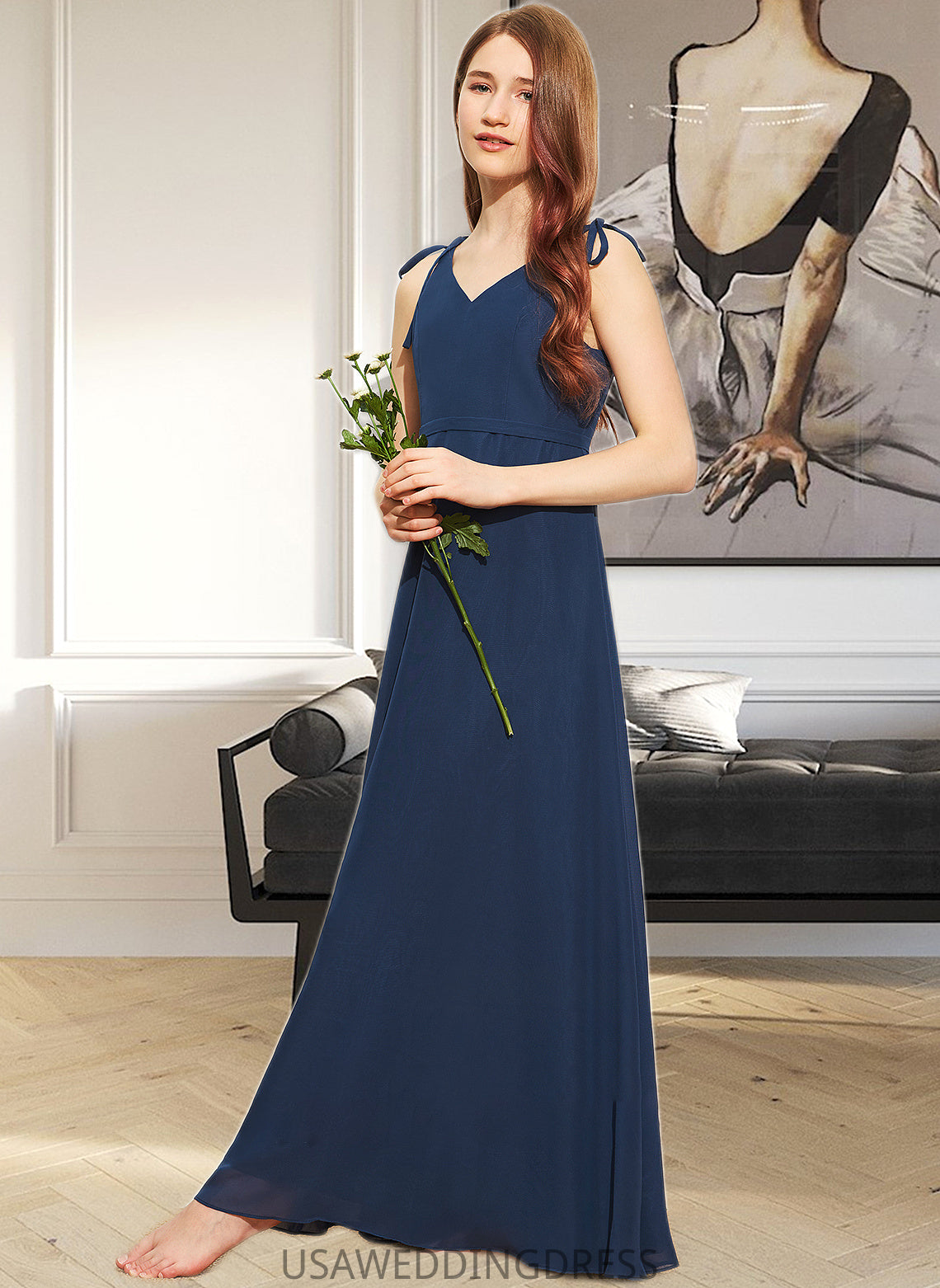 Jamiya A-Line V-neck Floor-Length Chiffon Junior Bridesmaid Dress With Bow(s) DSP0013548