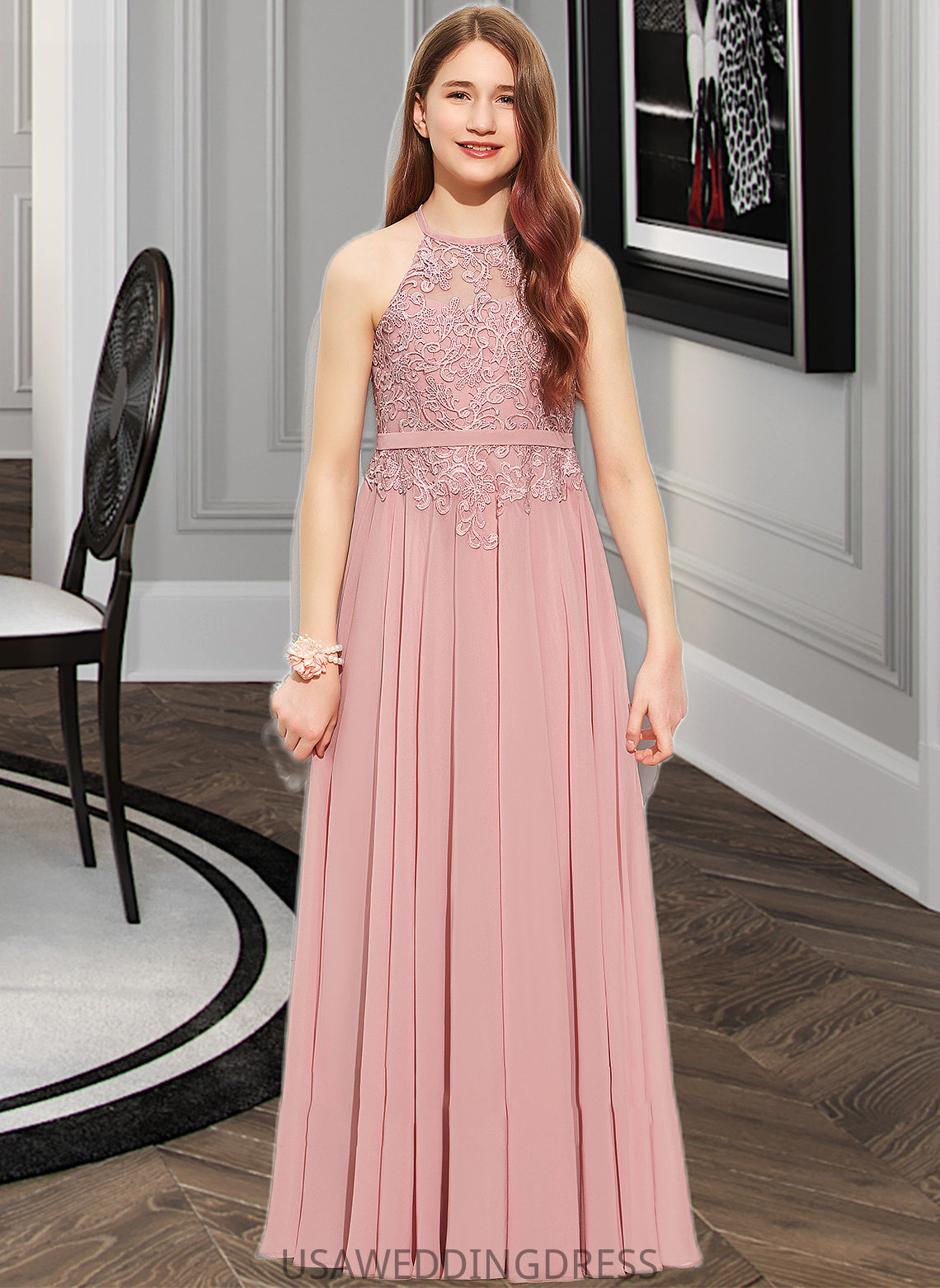 Daphne A-Line Scoop Neck Floor-Length Chiffon Lace Junior Bridesmaid Dress DSP0013549