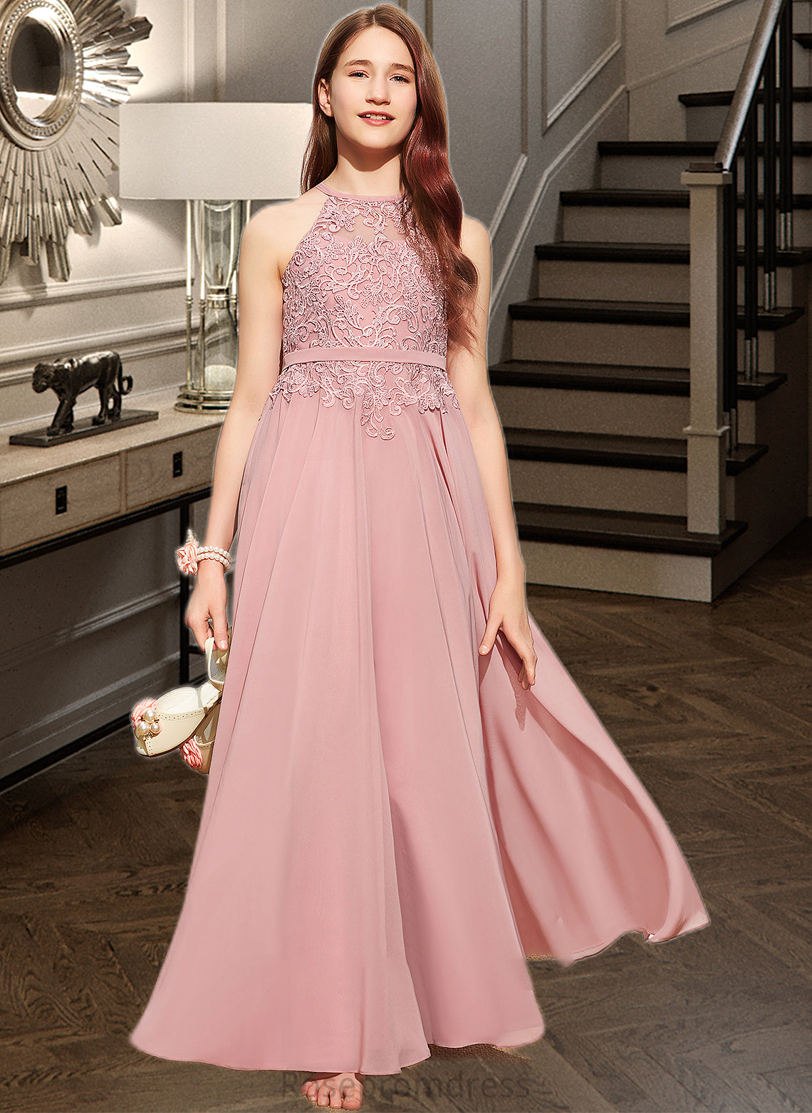 June A-Line Scoop Neck Floor-Length Chiffon Lace Junior Bridesmaid Dress SRSP0013549