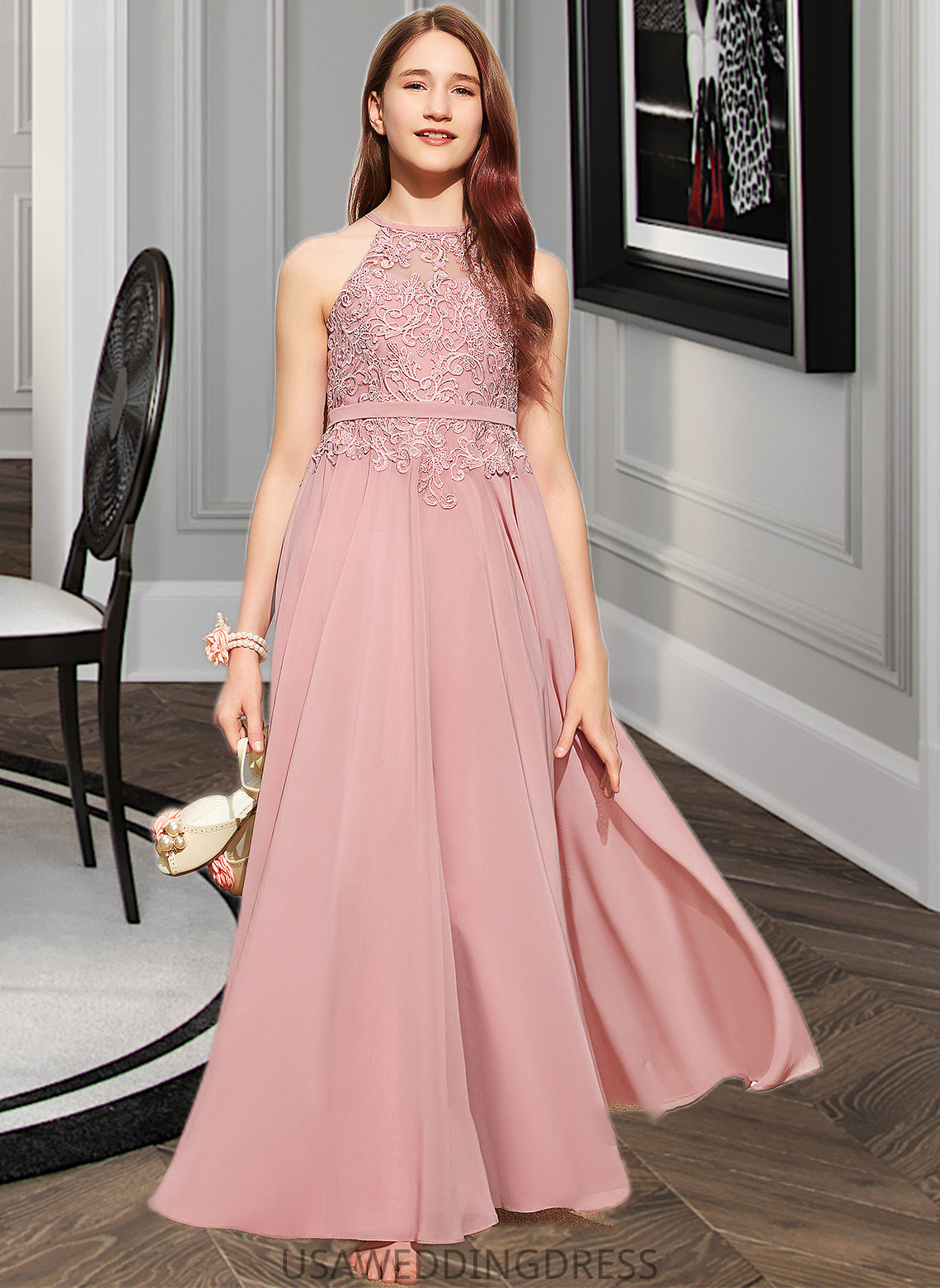 Daphne A-Line Scoop Neck Floor-Length Chiffon Lace Junior Bridesmaid Dress DSP0013549