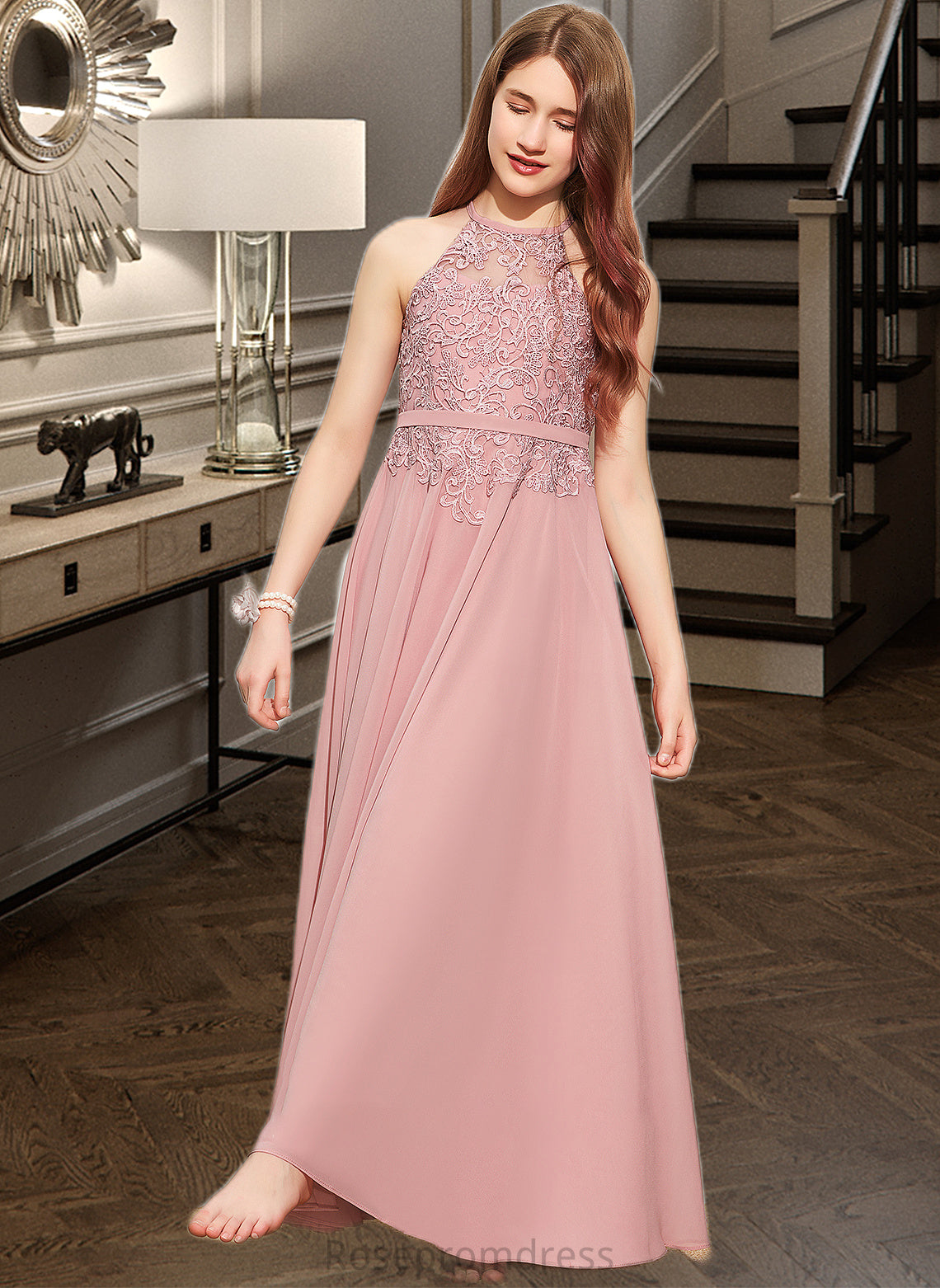 June A-Line Scoop Neck Floor-Length Chiffon Lace Junior Bridesmaid Dress SRSP0013549