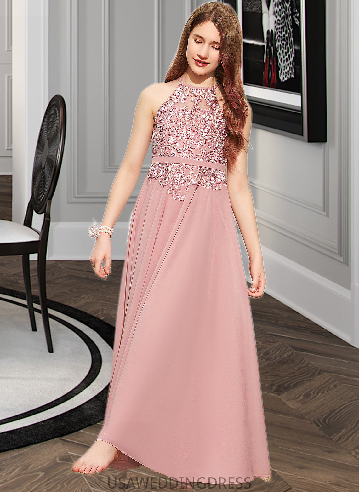 Daphne A-Line Scoop Neck Floor-Length Chiffon Lace Junior Bridesmaid Dress DSP0013549