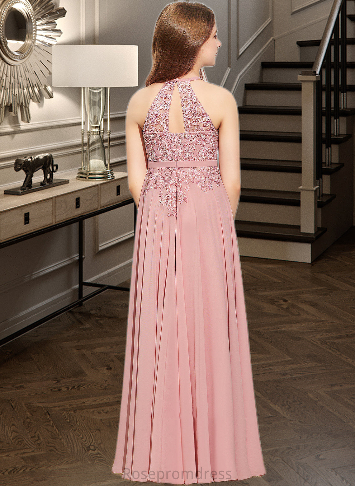 June A-Line Scoop Neck Floor-Length Chiffon Lace Junior Bridesmaid Dress SRSP0013549