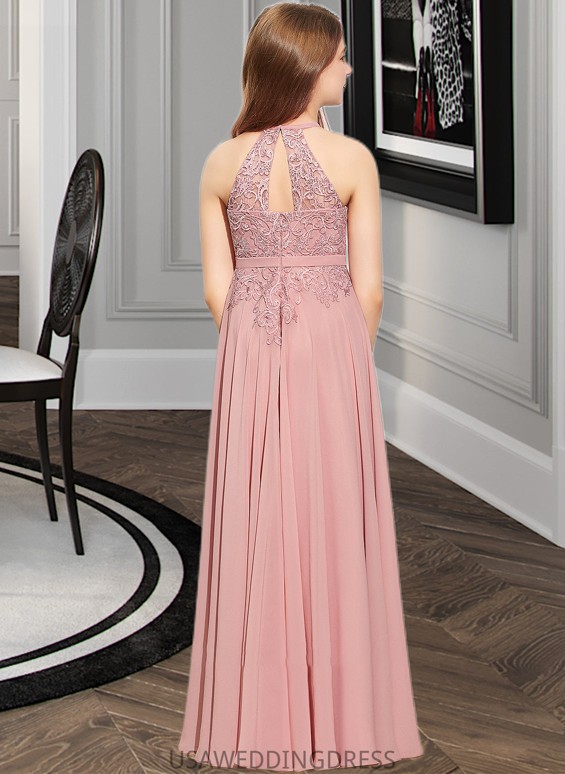 Daphne A-Line Scoop Neck Floor-Length Chiffon Lace Junior Bridesmaid Dress DSP0013549