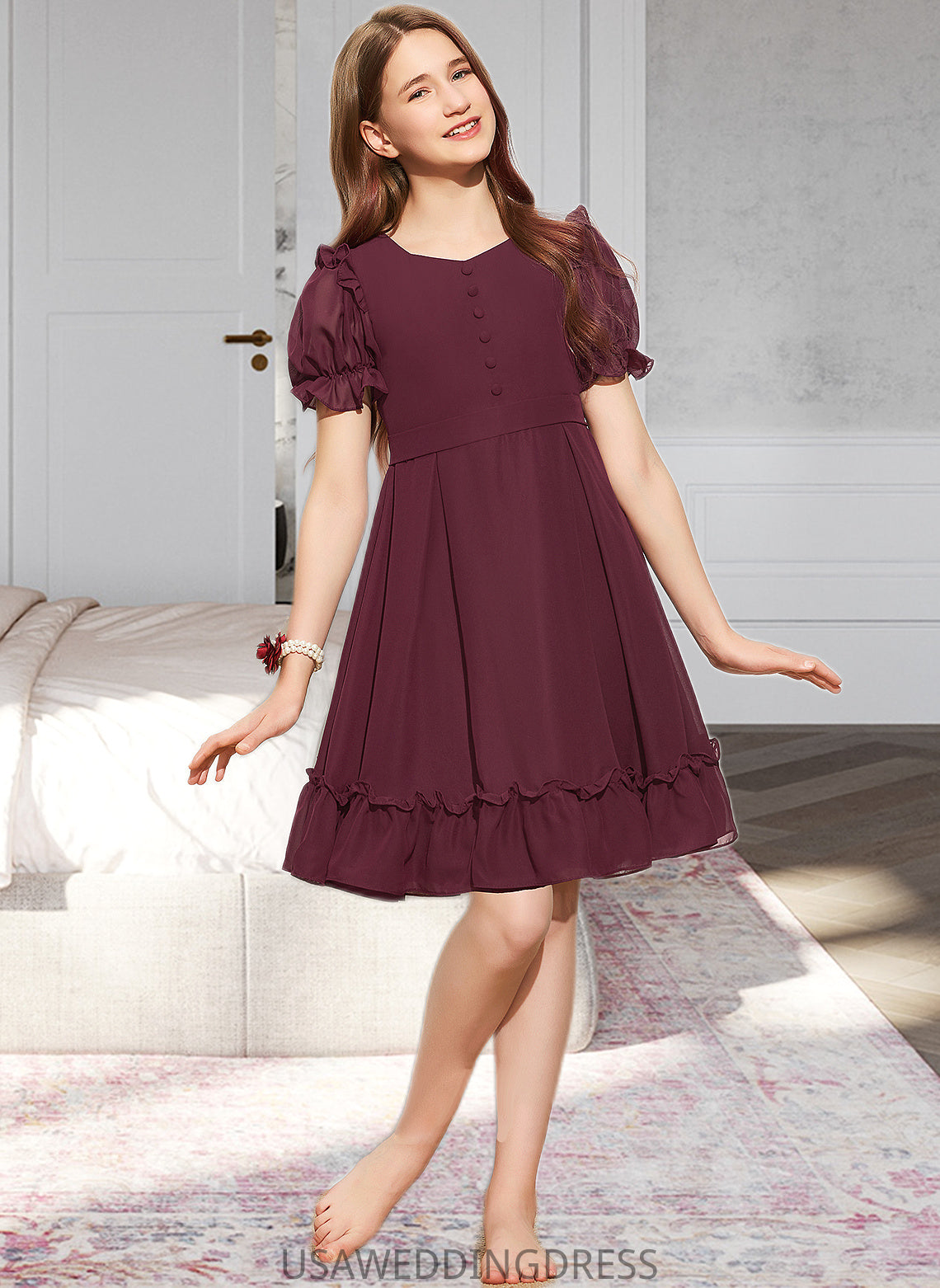 Adrianna A-Line Scoop Neck Knee-Length Chiffon Junior Bridesmaid Dress With Bow(s) Cascading Ruffles DSP0013550