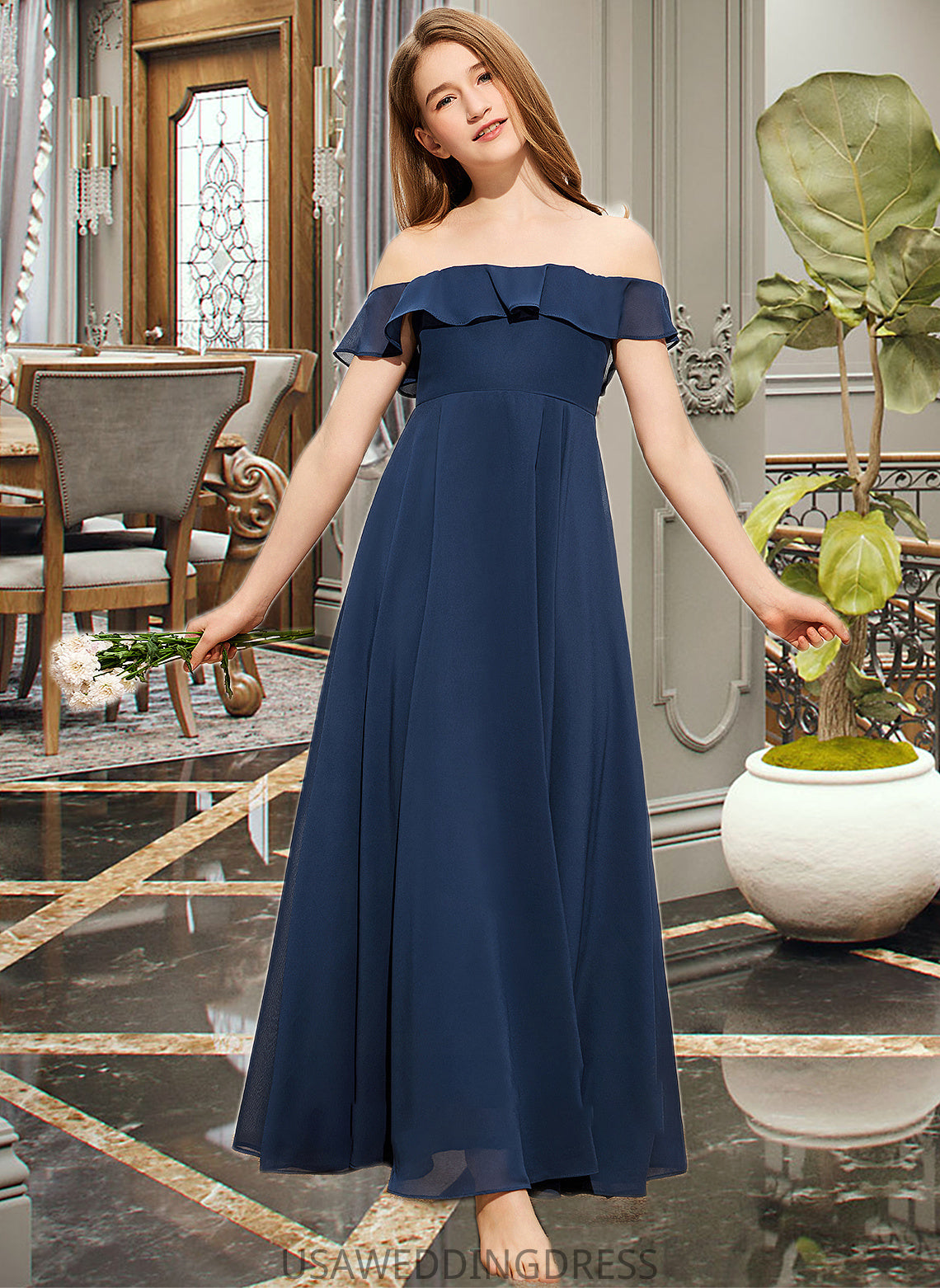 Jessica A-Line Off-the-Shoulder Floor-Length Chiffon Junior Bridesmaid Dress DSP0013551