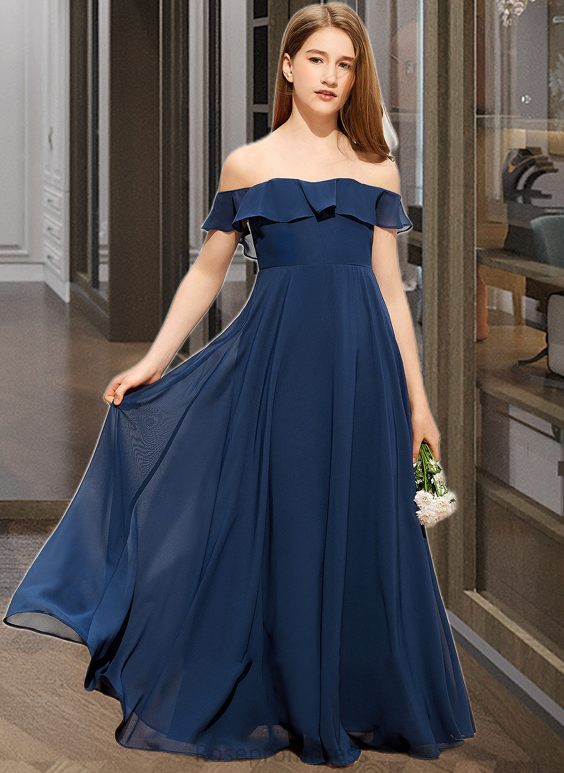 Kaley A-Line Off-the-Shoulder Floor-Length Chiffon Junior Bridesmaid Dress SRSP0013551