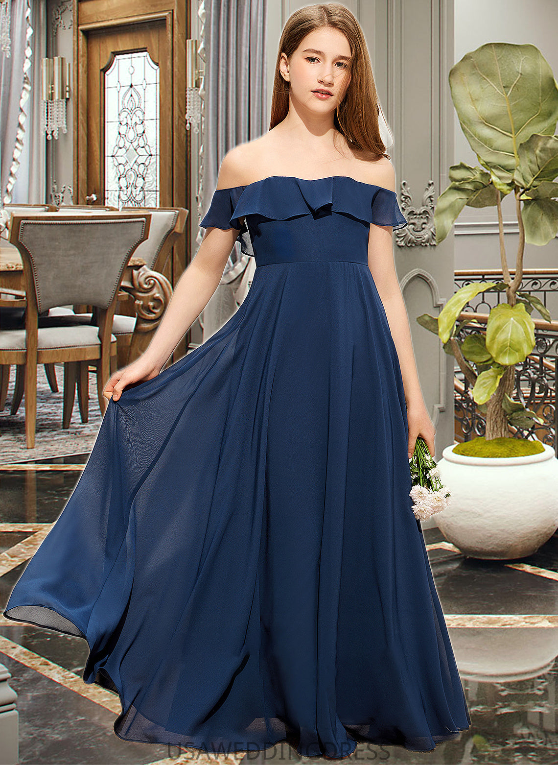 Jessica A-Line Off-the-Shoulder Floor-Length Chiffon Junior Bridesmaid Dress DSP0013551