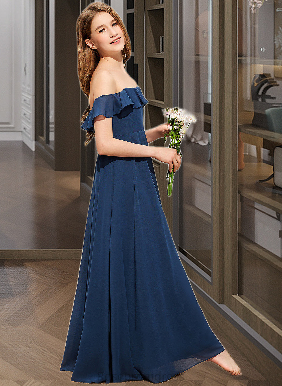 Kaley A-Line Off-the-Shoulder Floor-Length Chiffon Junior Bridesmaid Dress SRSP0013551