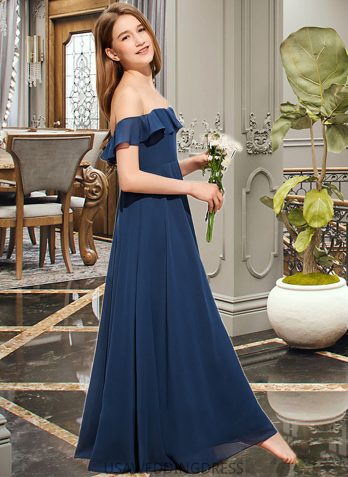 Jessica A-Line Off-the-Shoulder Floor-Length Chiffon Junior Bridesmaid Dress DSP0013551