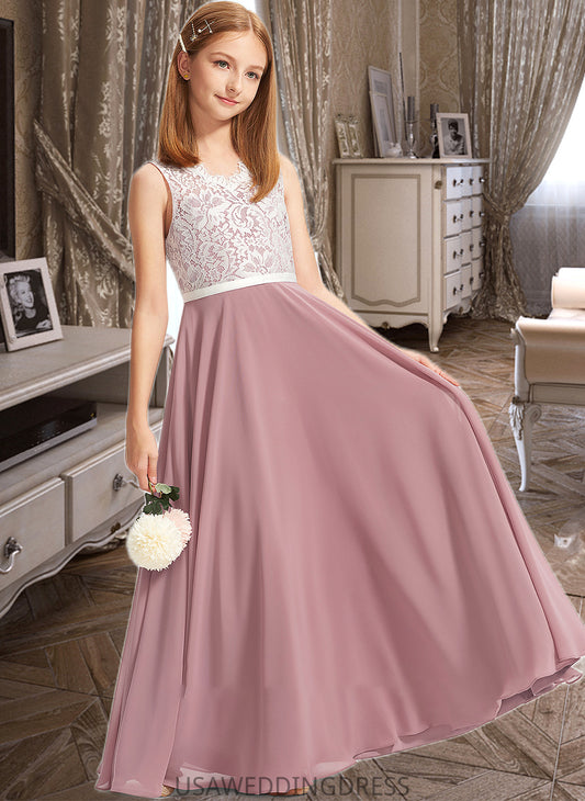 Kelsey A-Line V-neck Floor-Length Chiffon Lace Junior Bridesmaid Dress DSP0013552