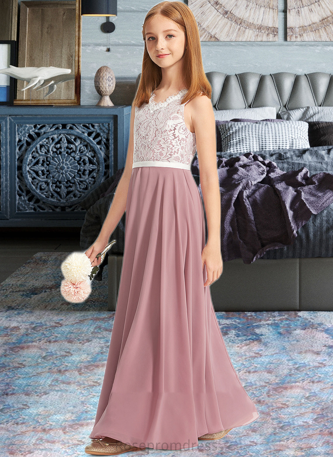 Tania A-Line V-neck Floor-Length Chiffon Lace Junior Bridesmaid Dress SRSP0013552