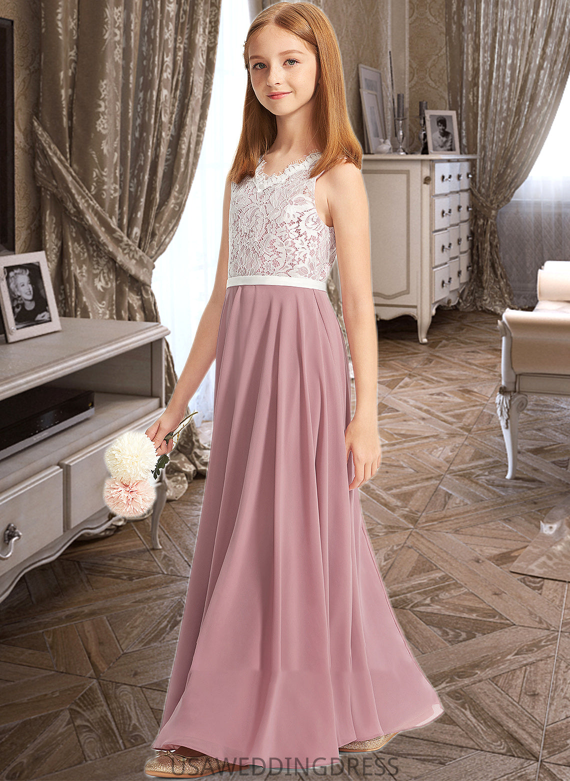 Kelsey A-Line V-neck Floor-Length Chiffon Lace Junior Bridesmaid Dress DSP0013552