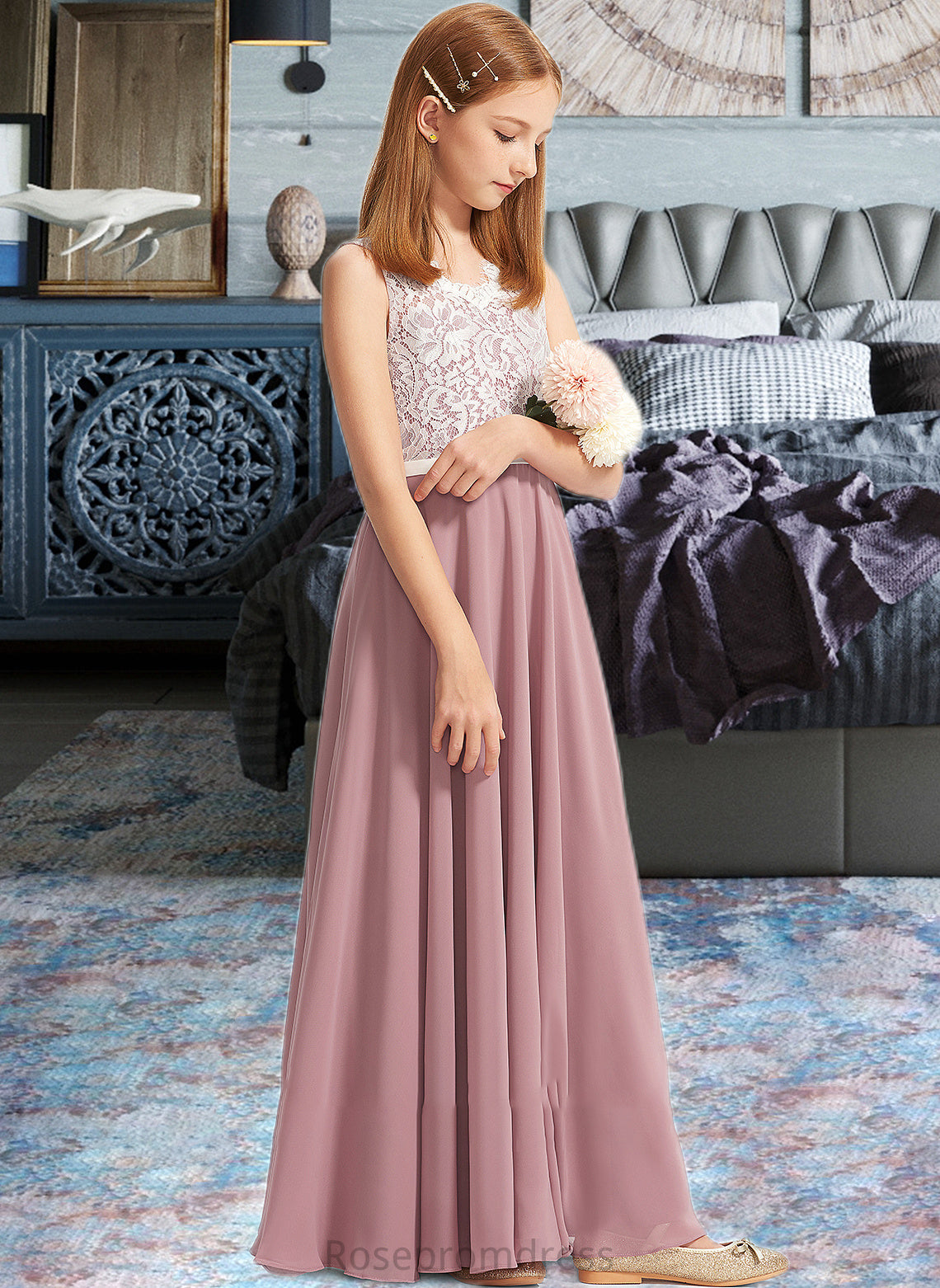 Tania A-Line V-neck Floor-Length Chiffon Lace Junior Bridesmaid Dress SRSP0013552