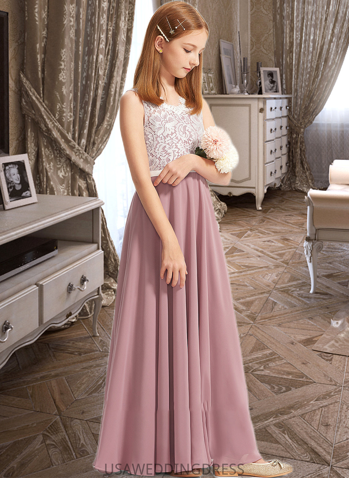 Kelsey A-Line V-neck Floor-Length Chiffon Lace Junior Bridesmaid Dress DSP0013552