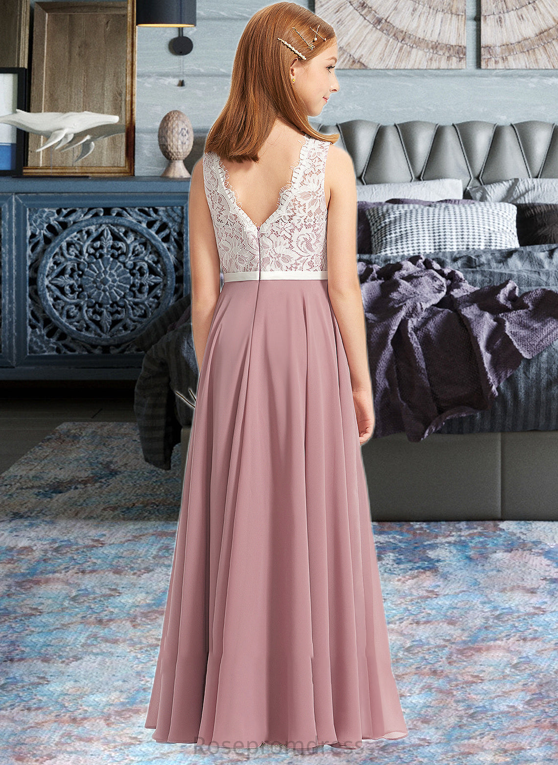 Tania A-Line V-neck Floor-Length Chiffon Lace Junior Bridesmaid Dress SRSP0013552