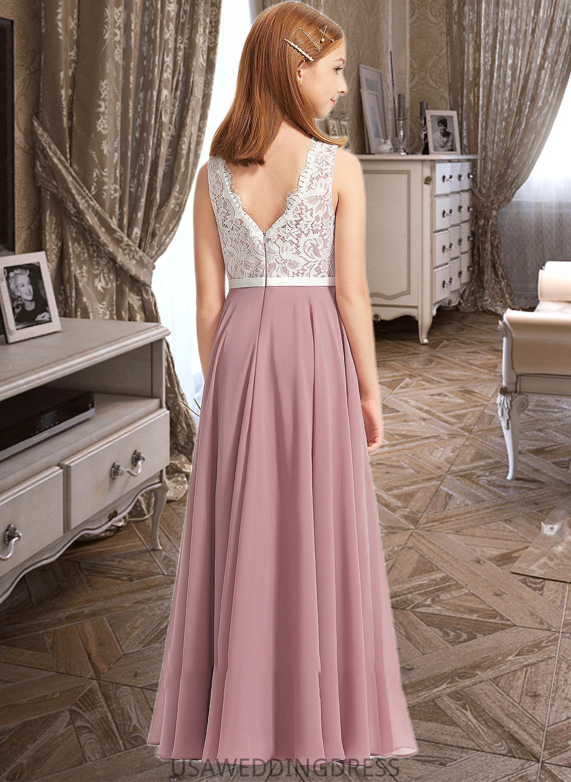 Kelsey A-Line V-neck Floor-Length Chiffon Lace Junior Bridesmaid Dress DSP0013552