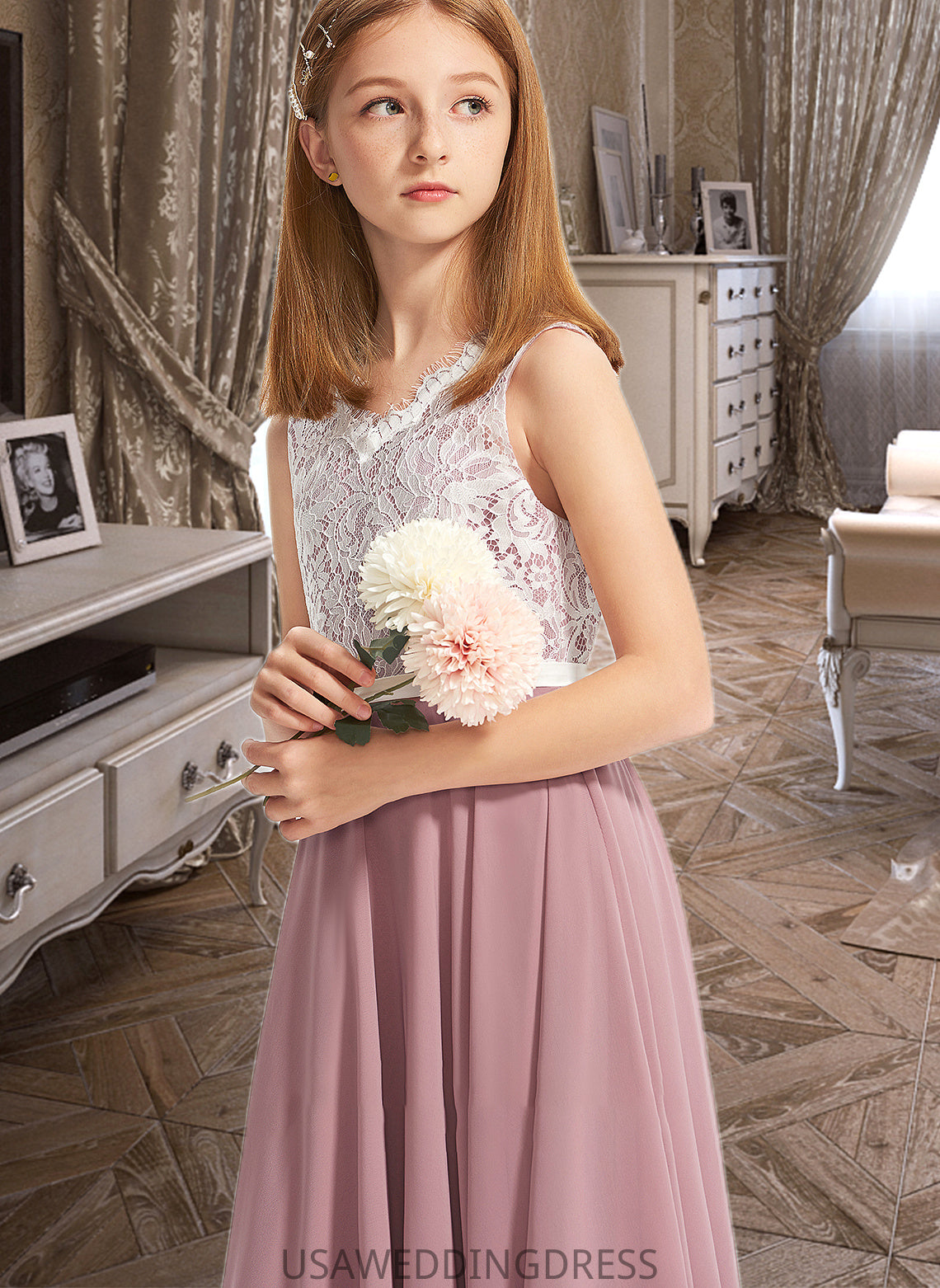 Kelsey A-Line V-neck Floor-Length Chiffon Lace Junior Bridesmaid Dress DSP0013552