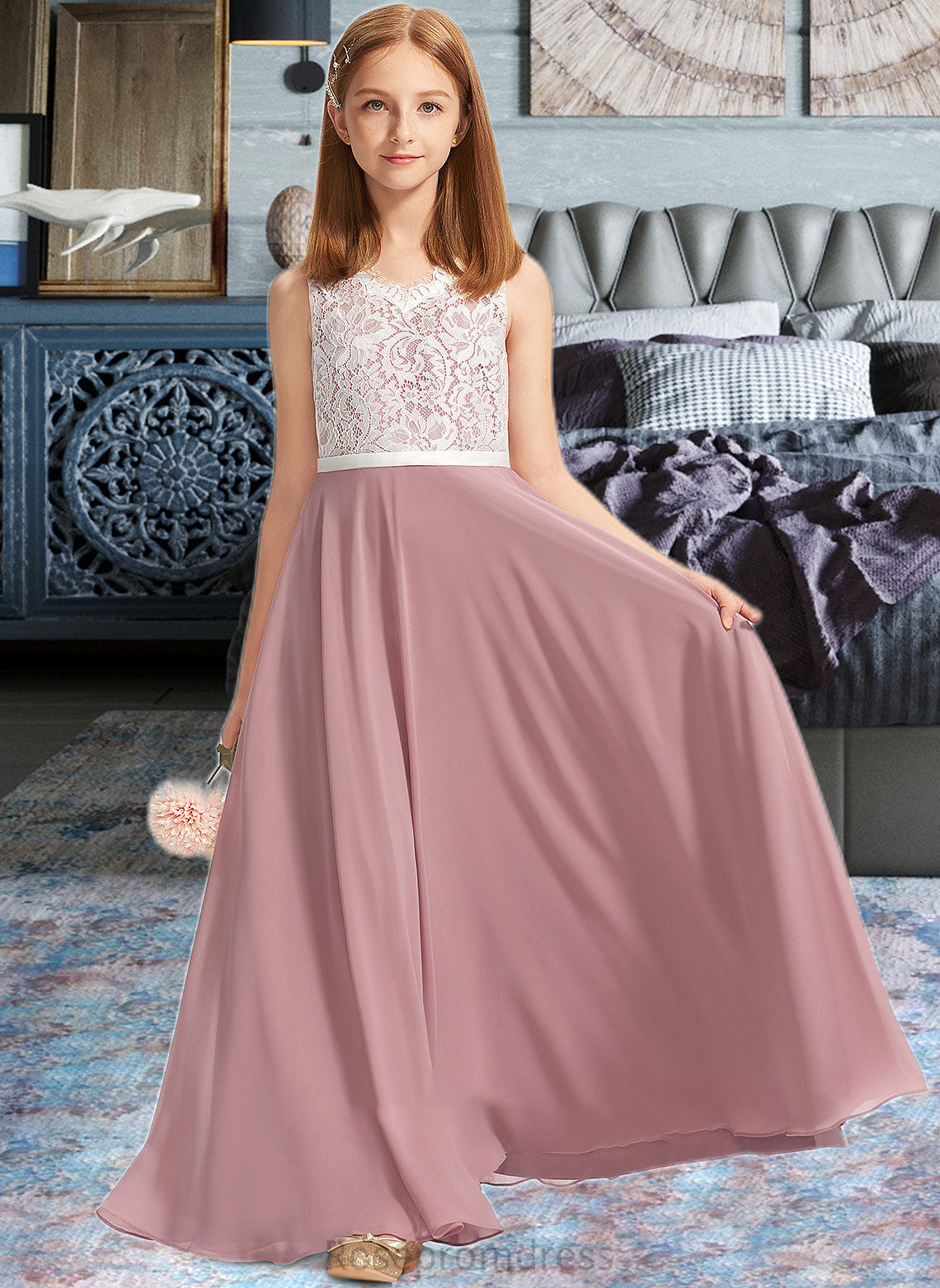 Tania A-Line V-neck Floor-Length Chiffon Lace Junior Bridesmaid Dress SRSP0013552