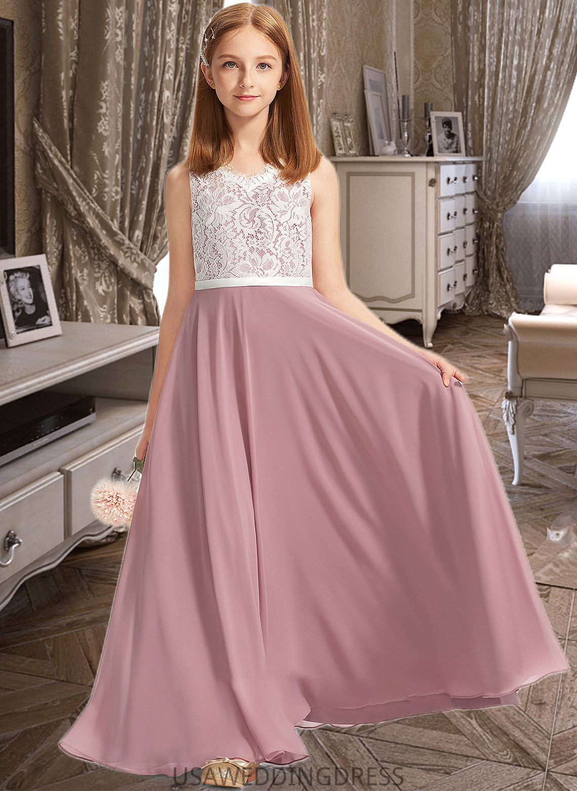 Kelsey A-Line V-neck Floor-Length Chiffon Lace Junior Bridesmaid Dress DSP0013552