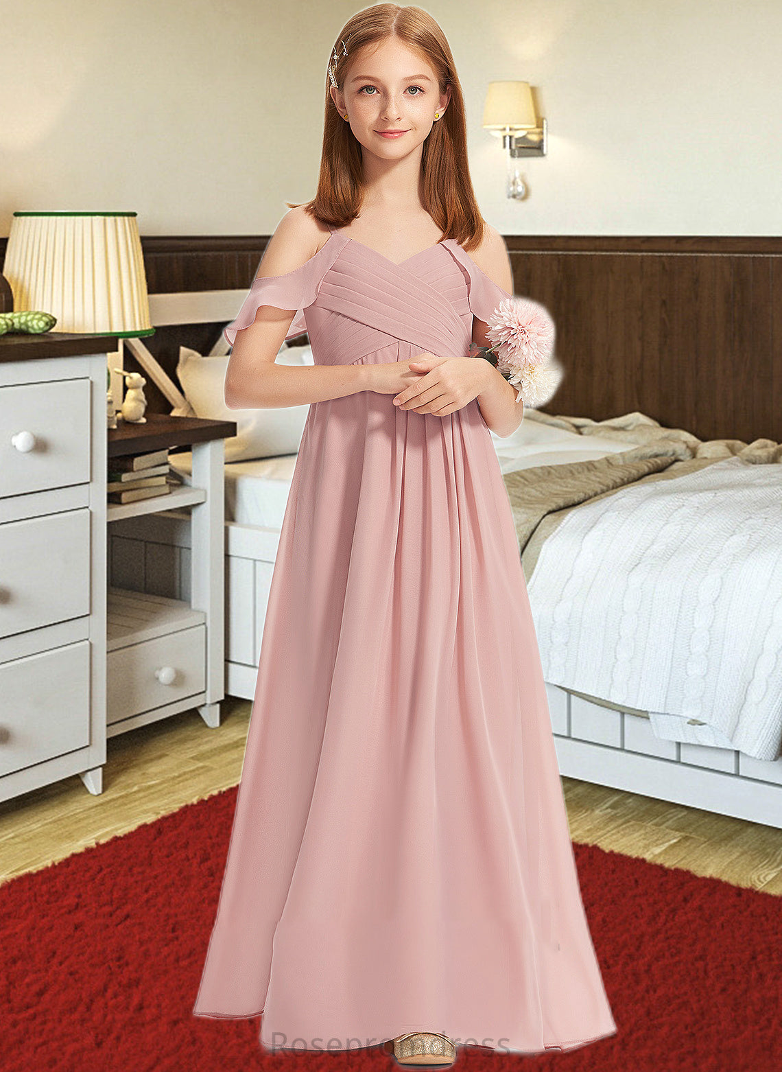 Tianna A-Line Off-the-Shoulder Floor-Length Chiffon Junior Bridesmaid Dress With Cascading Ruffles SRSP0013553