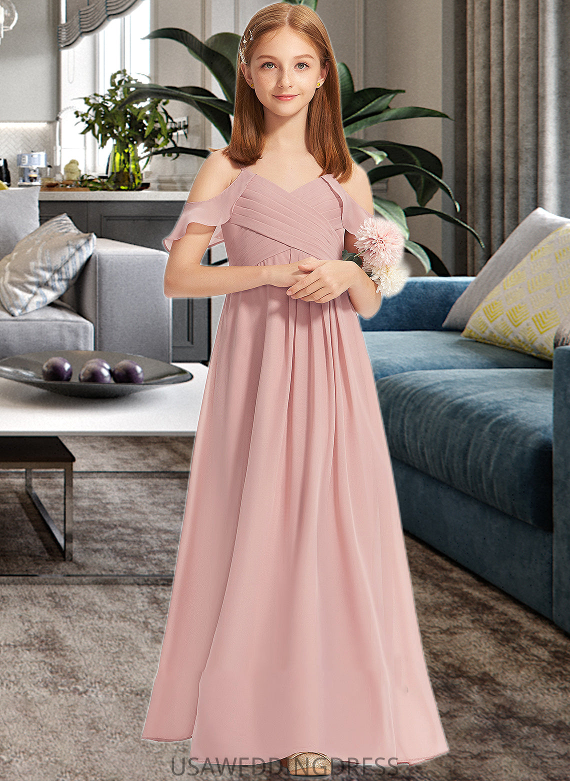 Guadalupe A-Line Off-the-Shoulder Floor-Length Chiffon Junior Bridesmaid Dress With Cascading Ruffles DSP0013553