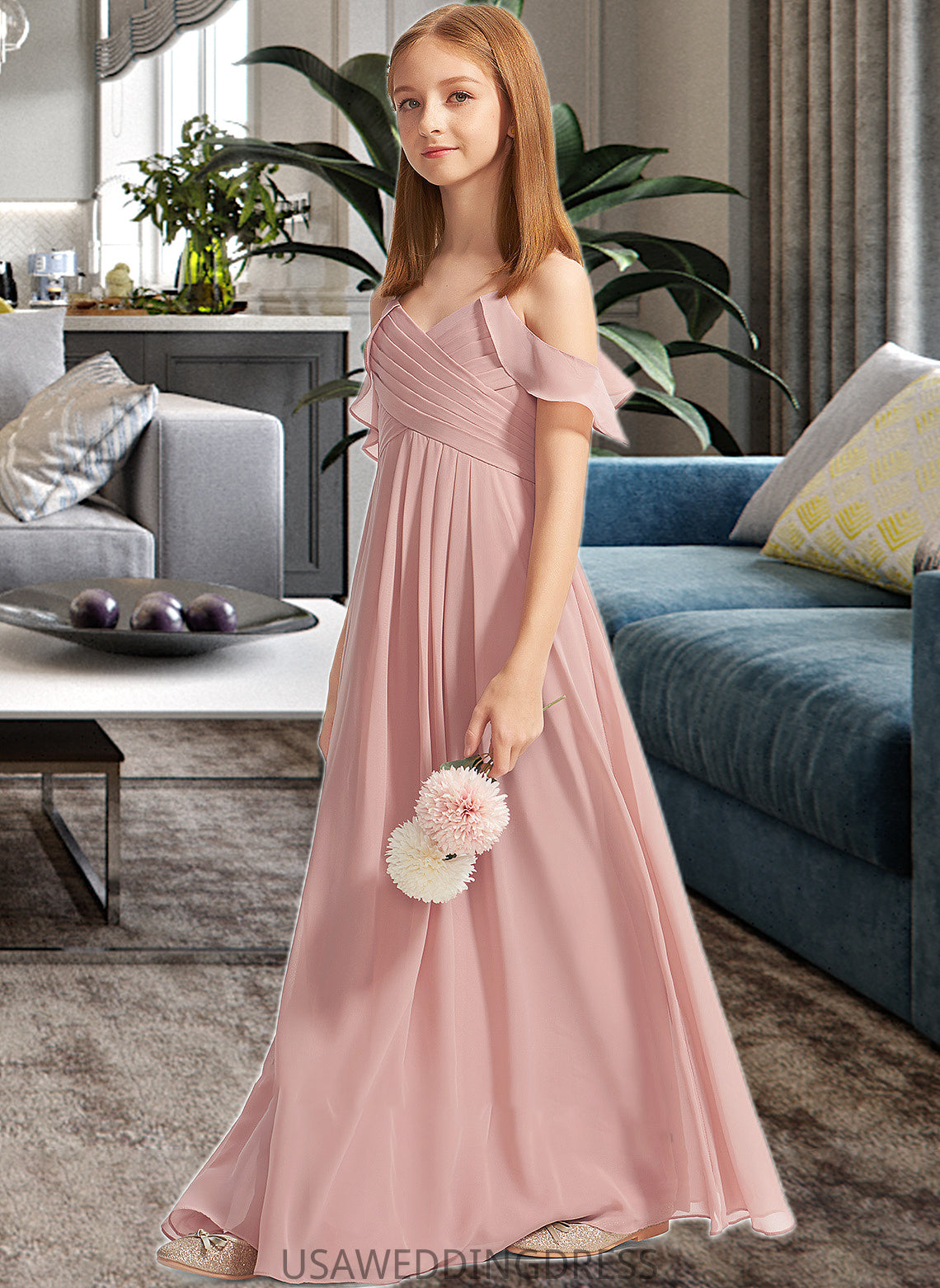 Guadalupe A-Line Off-the-Shoulder Floor-Length Chiffon Junior Bridesmaid Dress With Cascading Ruffles DSP0013553