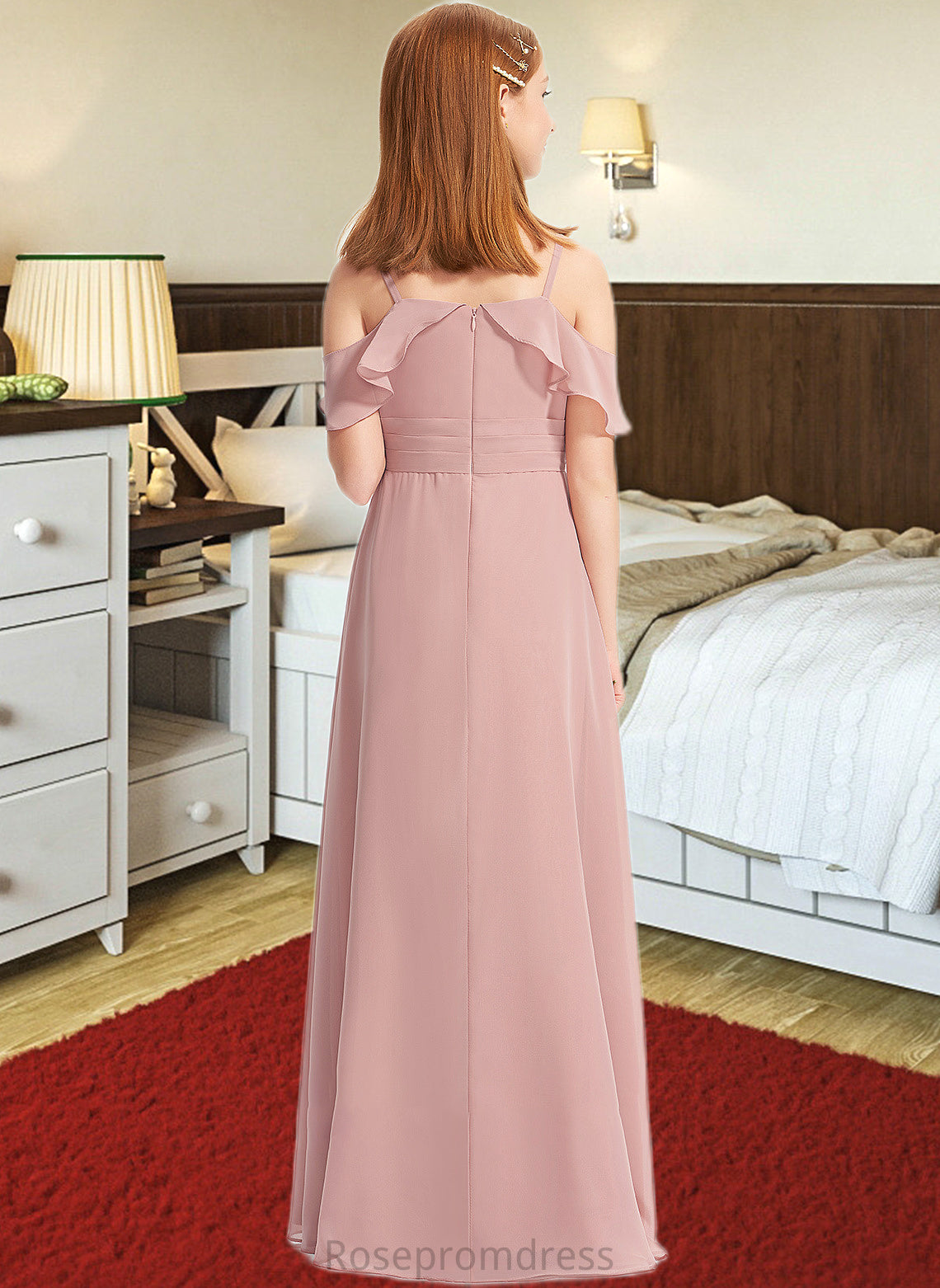 Tianna A-Line Off-the-Shoulder Floor-Length Chiffon Junior Bridesmaid Dress With Cascading Ruffles SRSP0013553