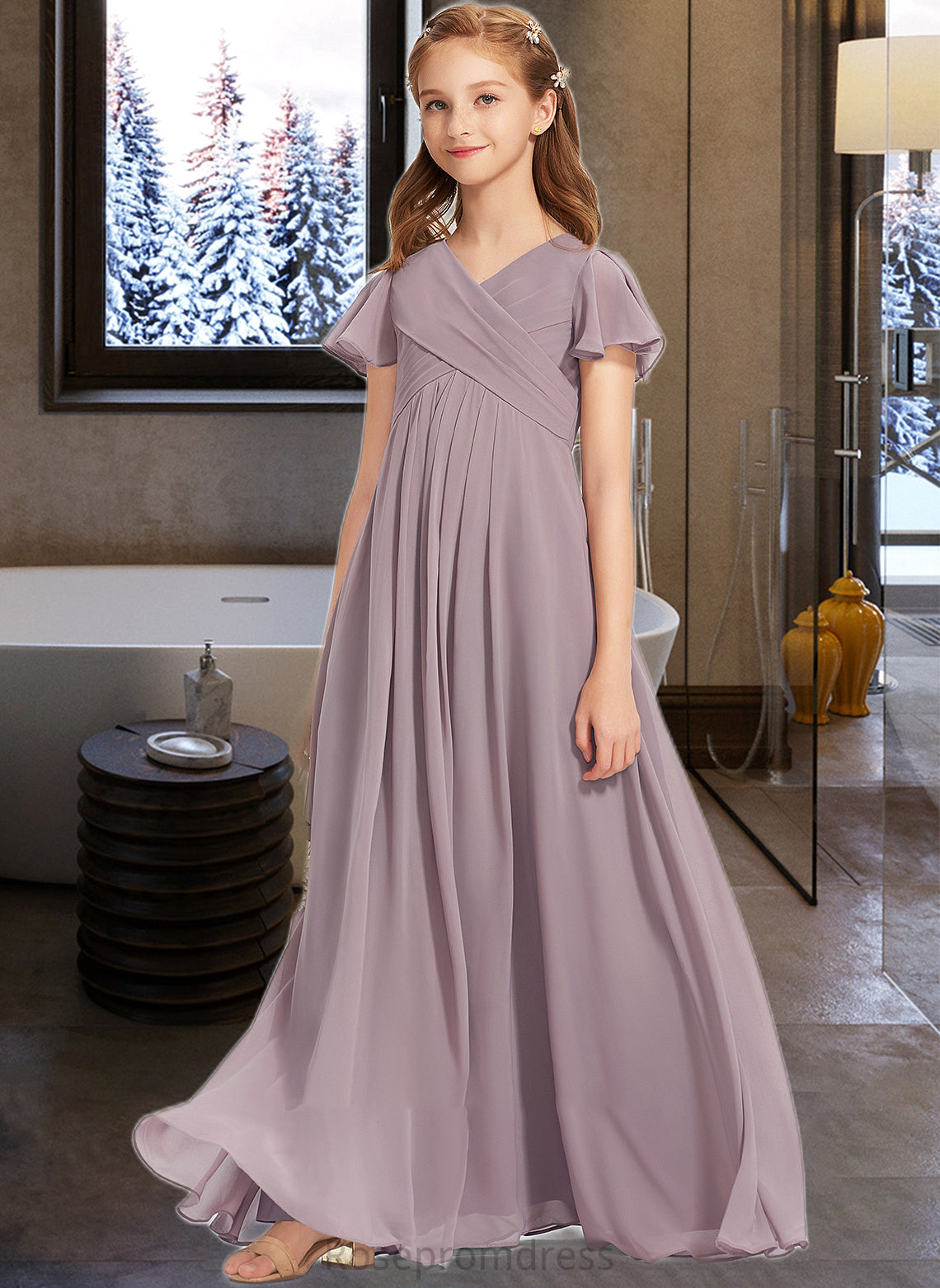 Andrea A-Line V-neck Floor-Length Chiffon Junior Bridesmaid Dress With Ruffle SRSP0013554