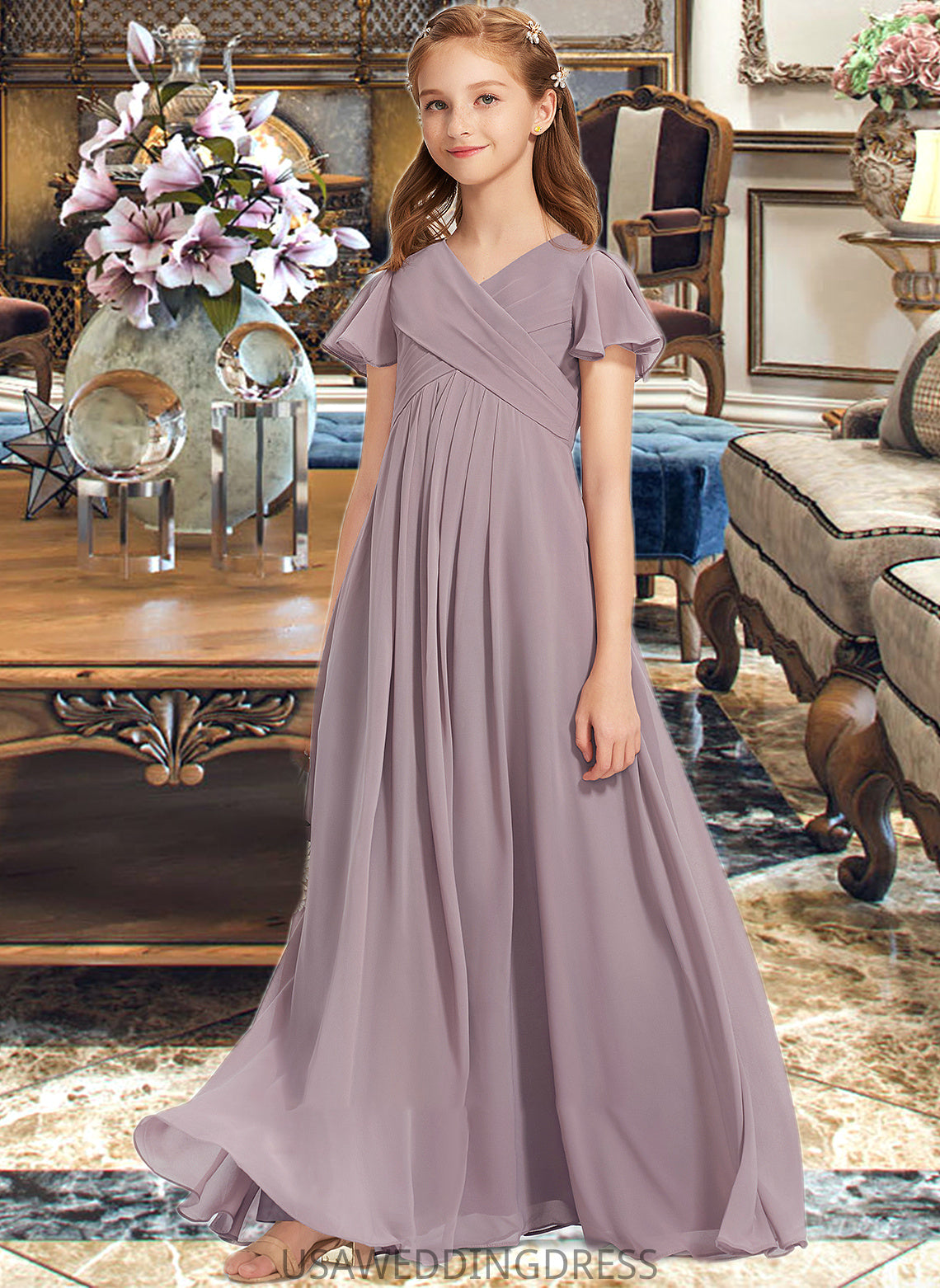 Salma A-Line V-neck Floor-Length Chiffon Junior Bridesmaid Dress With Ruffle DSP0013554