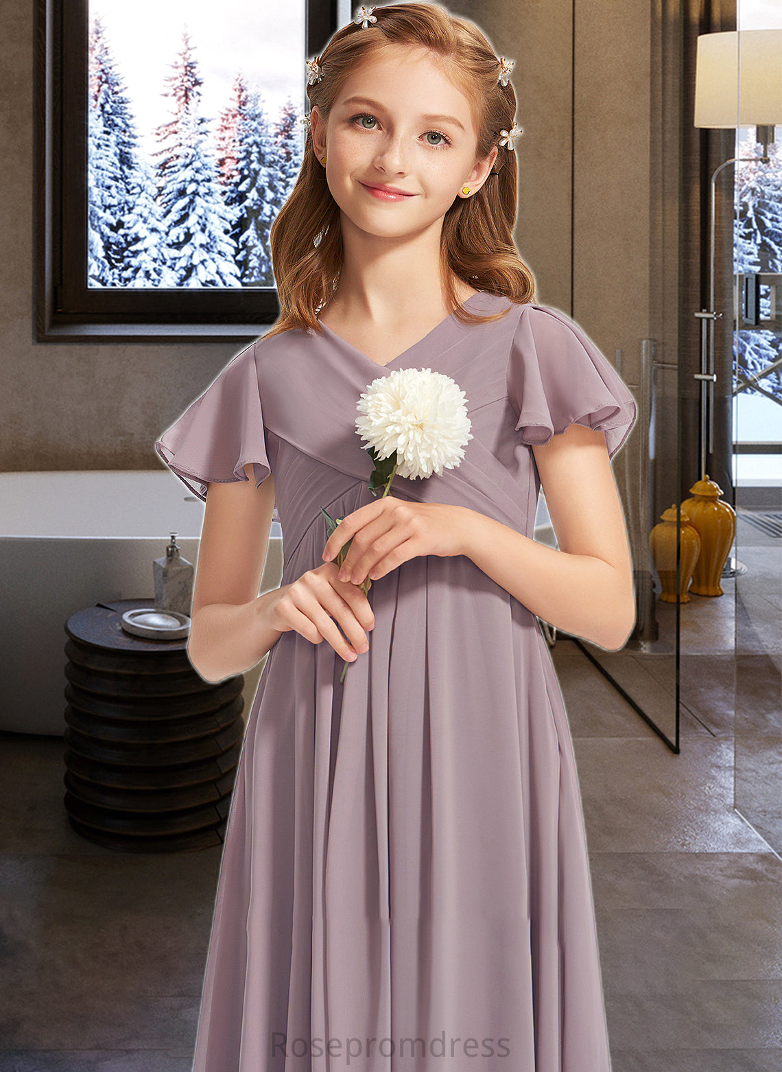 Andrea A-Line V-neck Floor-Length Chiffon Junior Bridesmaid Dress With Ruffle SRSP0013554