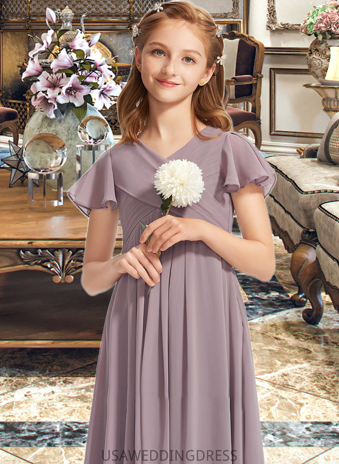 Salma A-Line V-neck Floor-Length Chiffon Junior Bridesmaid Dress With Ruffle DSP0013554