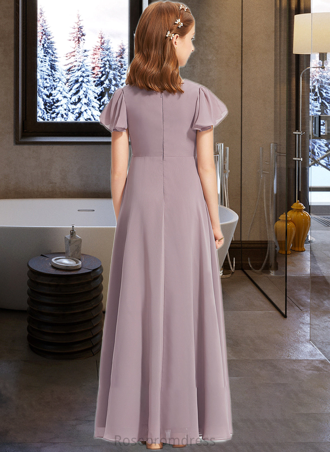 Andrea A-Line V-neck Floor-Length Chiffon Junior Bridesmaid Dress With Ruffle SRSP0013554