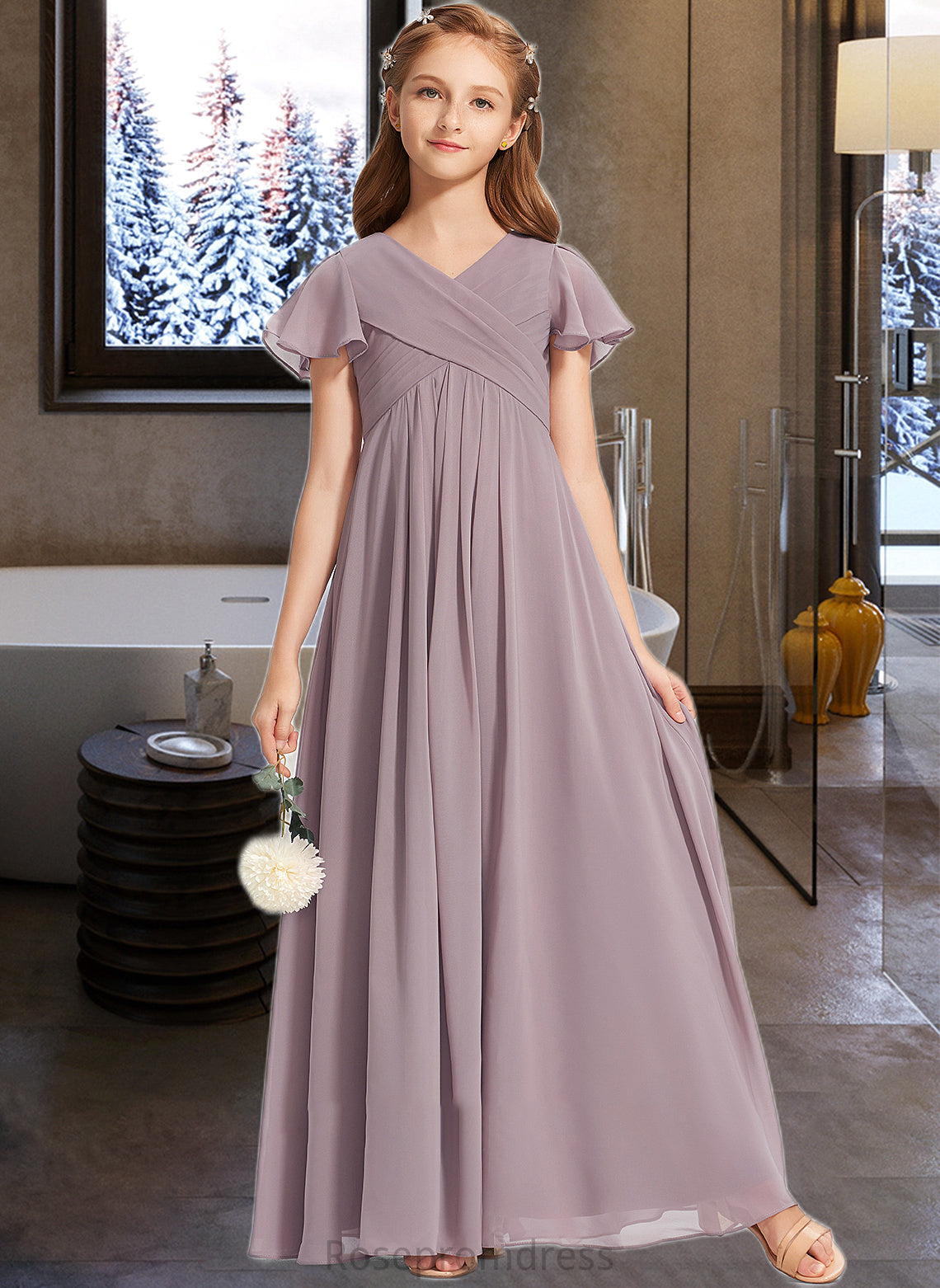 Andrea A-Line V-neck Floor-Length Chiffon Junior Bridesmaid Dress With Ruffle SRSP0013554