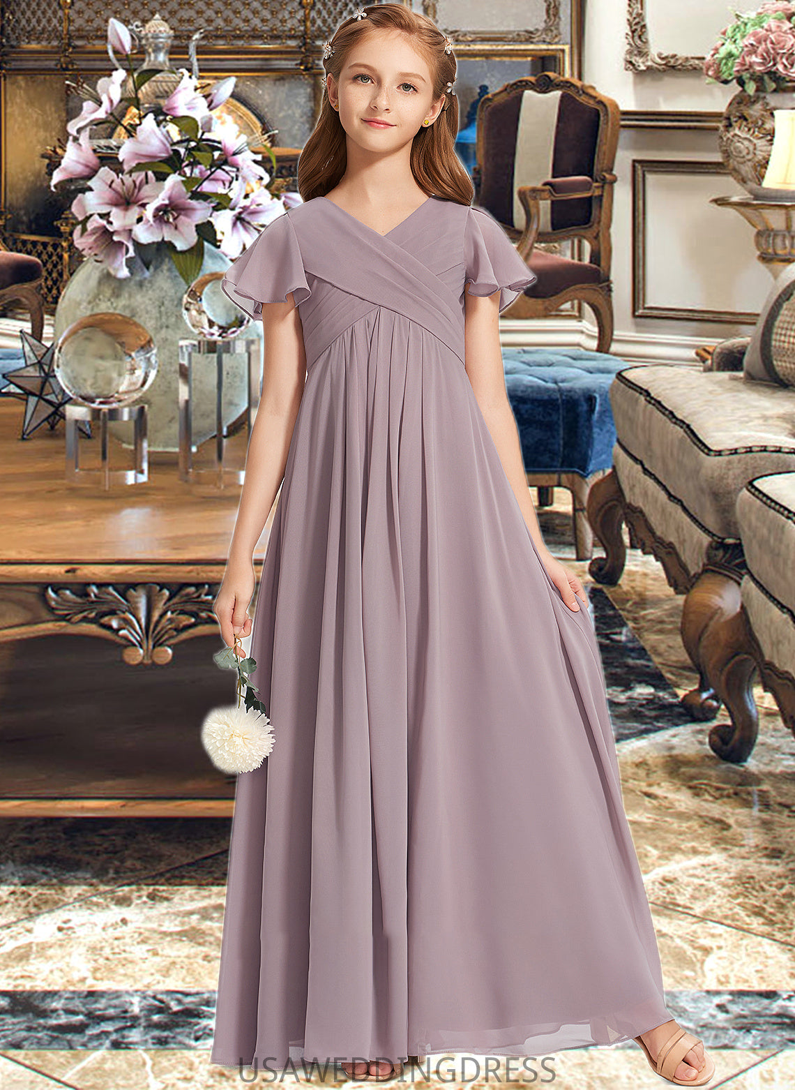 Salma A-Line V-neck Floor-Length Chiffon Junior Bridesmaid Dress With Ruffle DSP0013554