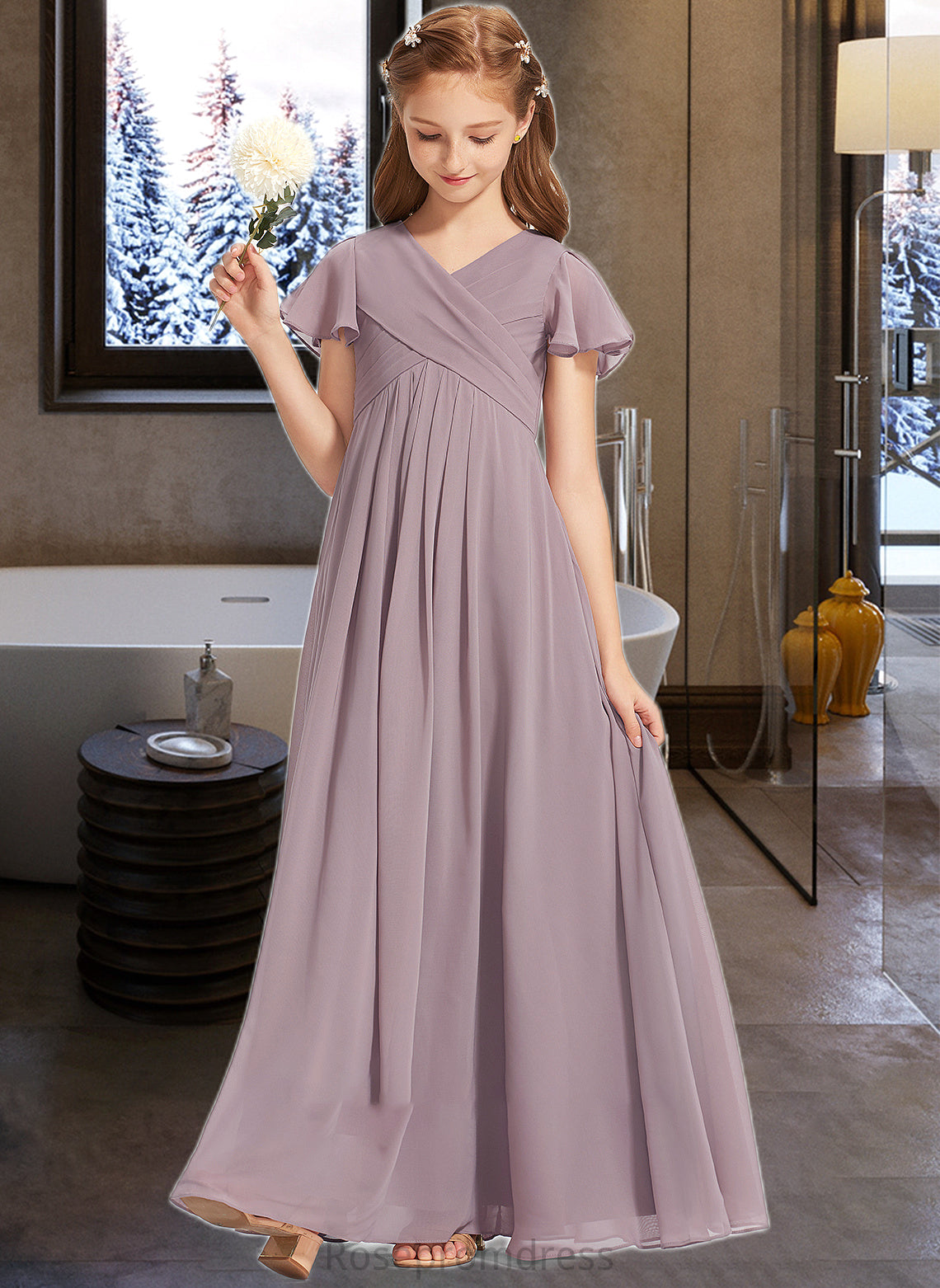 Andrea A-Line V-neck Floor-Length Chiffon Junior Bridesmaid Dress With Ruffle SRSP0013554