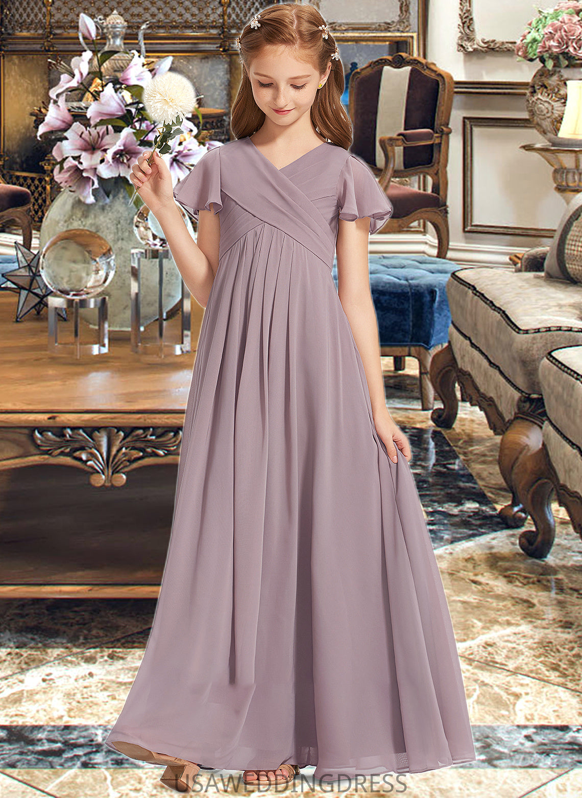 Salma A-Line V-neck Floor-Length Chiffon Junior Bridesmaid Dress With Ruffle DSP0013554