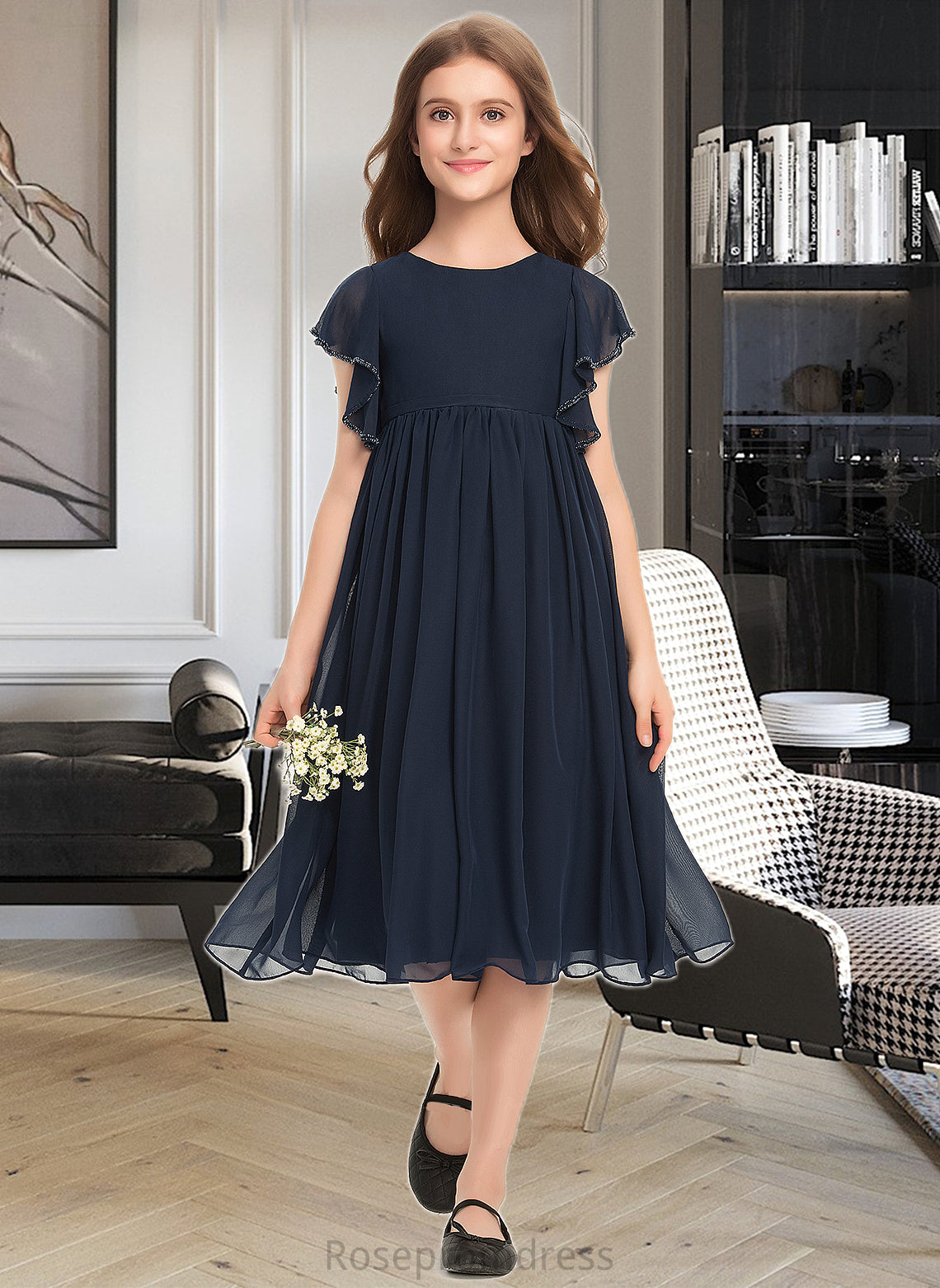 Alani A-Line Scoop Neck Knee-Length Chiffon Junior Bridesmaid Dress With Beading SRSP0013556