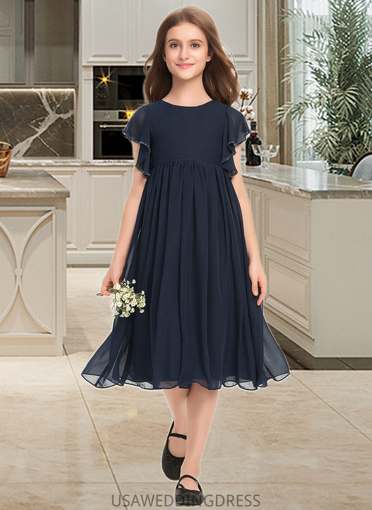 Mikaela A-Line Scoop Neck Knee-Length Chiffon Junior Bridesmaid Dress With Beading DSP0013556