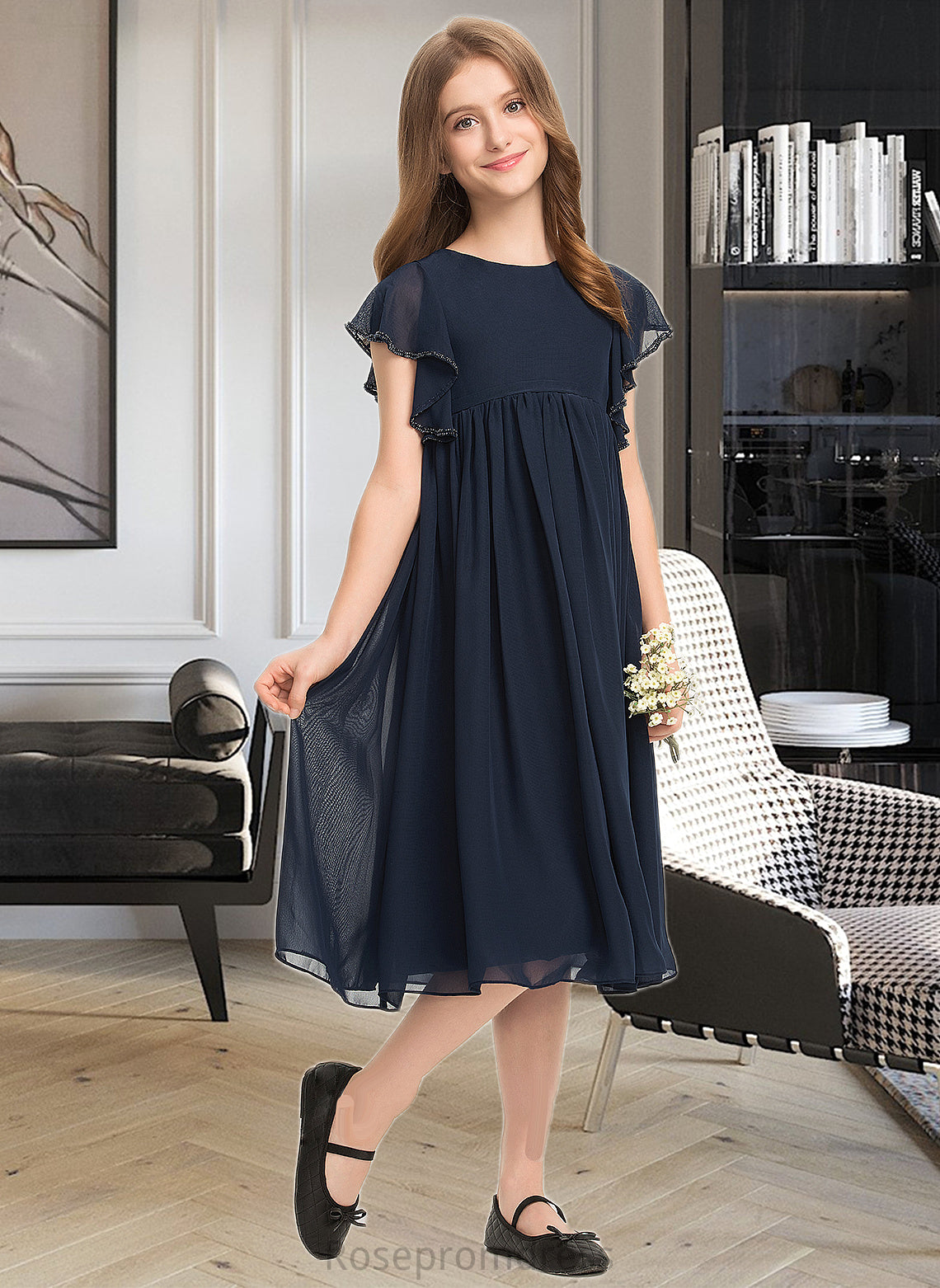 Alani A-Line Scoop Neck Knee-Length Chiffon Junior Bridesmaid Dress With Beading SRSP0013556