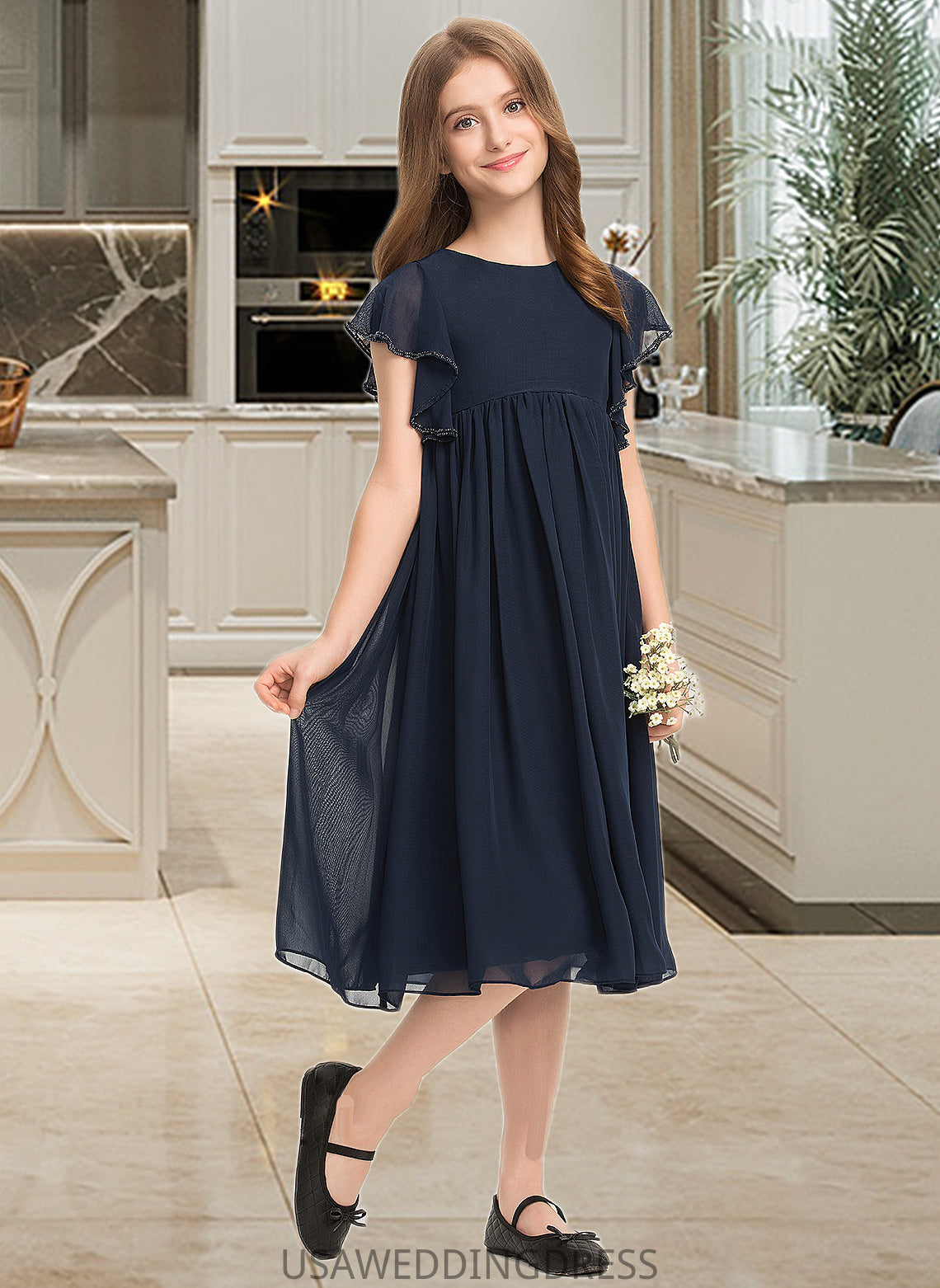 Mikaela A-Line Scoop Neck Knee-Length Chiffon Junior Bridesmaid Dress With Beading DSP0013556