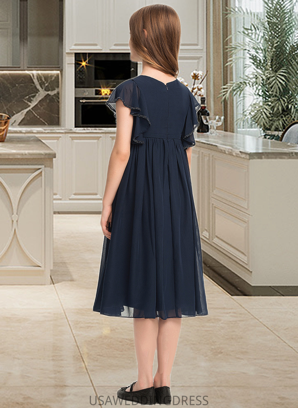 Mikaela A-Line Scoop Neck Knee-Length Chiffon Junior Bridesmaid Dress With Beading DSP0013556