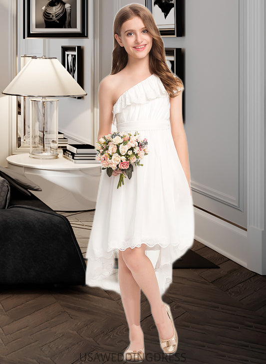 Ainsley A-Line One-Shoulder Asymmetrical Chiffon Lace Junior Bridesmaid Dress With Bow(s) DSP0013557