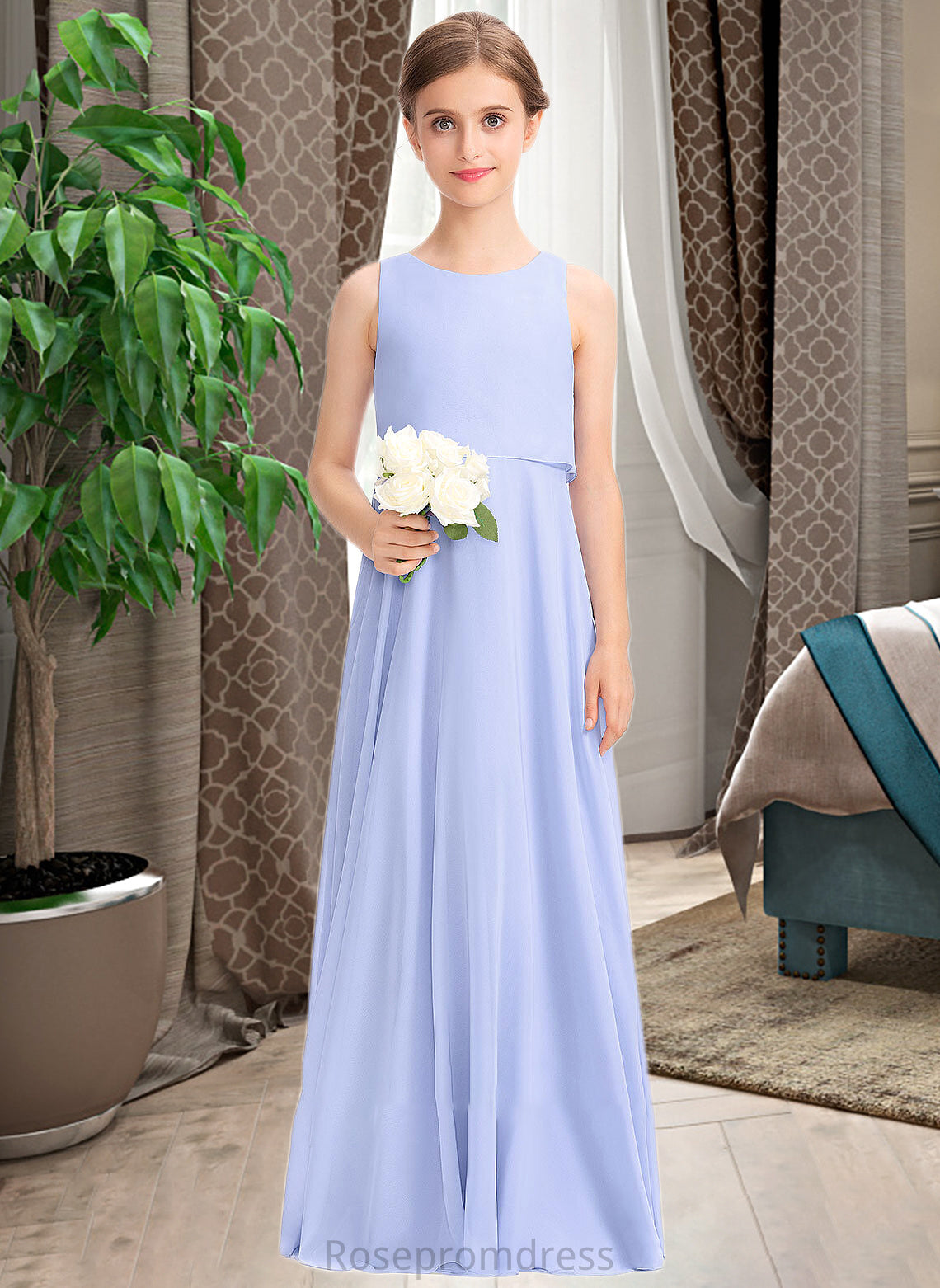 Reina A-Line Scoop Neck Floor-Length Chiffon Junior Bridesmaid Dress SRSP0013558