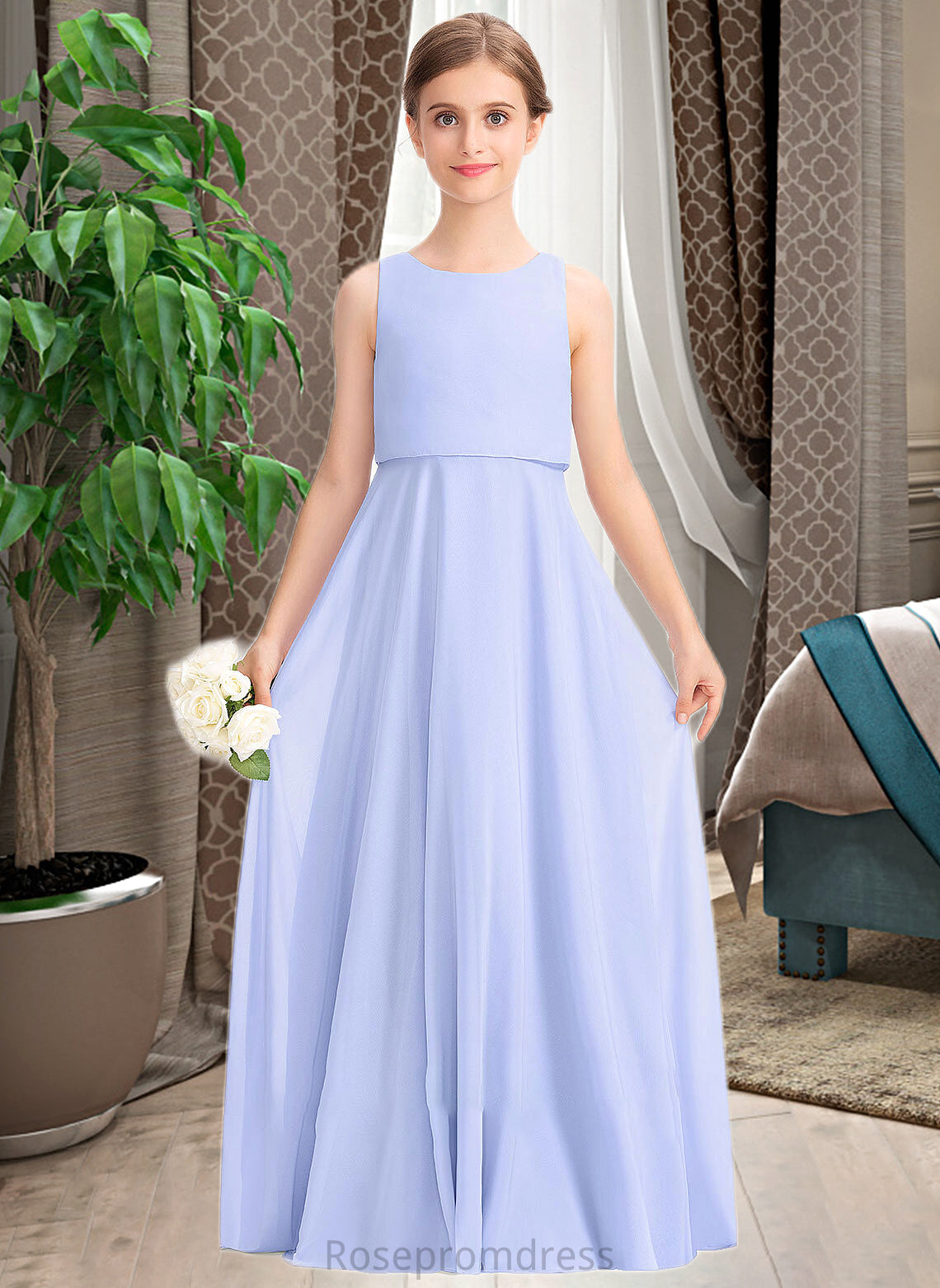 Reina A-Line Scoop Neck Floor-Length Chiffon Junior Bridesmaid Dress SRSP0013558