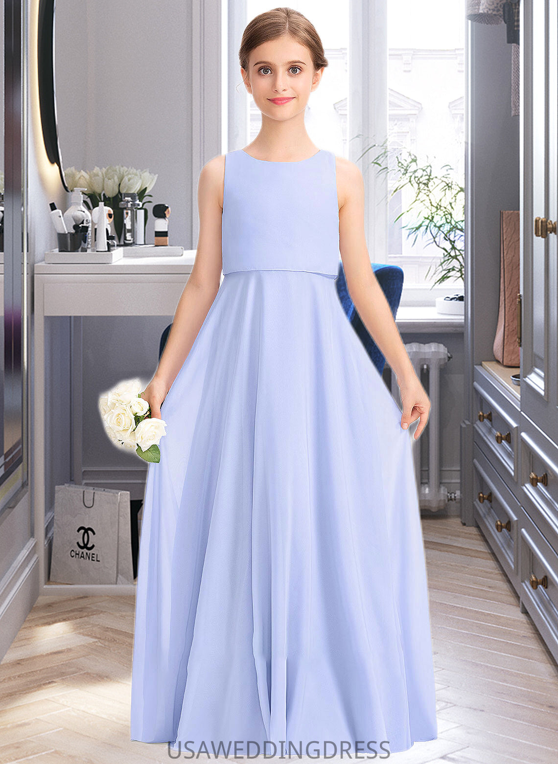 Ruth A-Line Scoop Neck Floor-Length Chiffon Junior Bridesmaid Dress DSP0013558