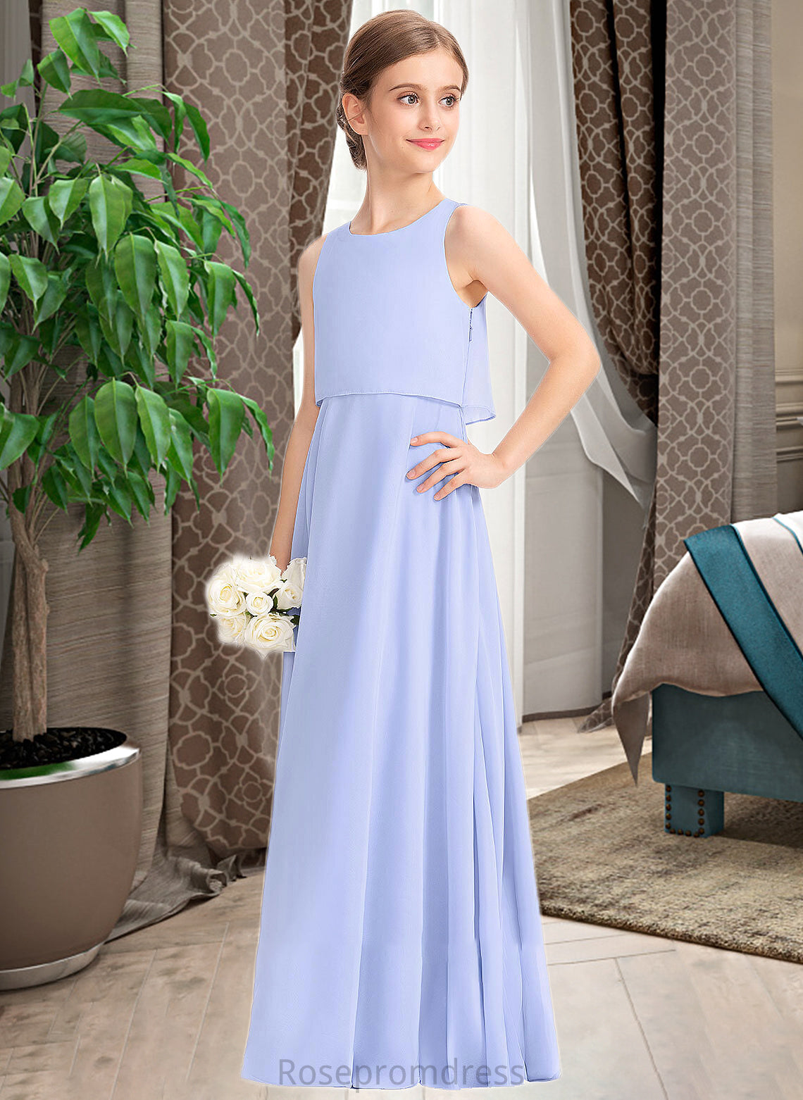 Reina A-Line Scoop Neck Floor-Length Chiffon Junior Bridesmaid Dress SRSP0013558